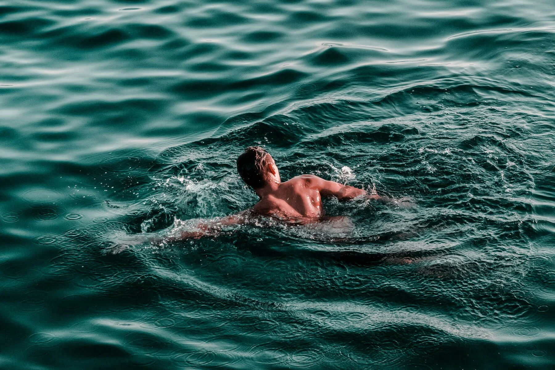 A person swimming in open water during daytime.