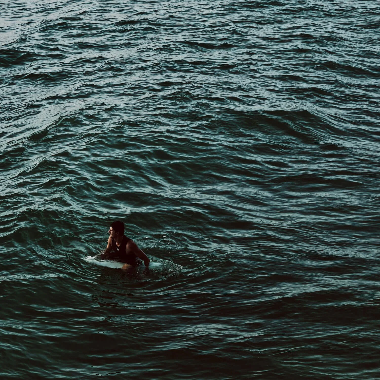 A person swimming in dark, wavy water.