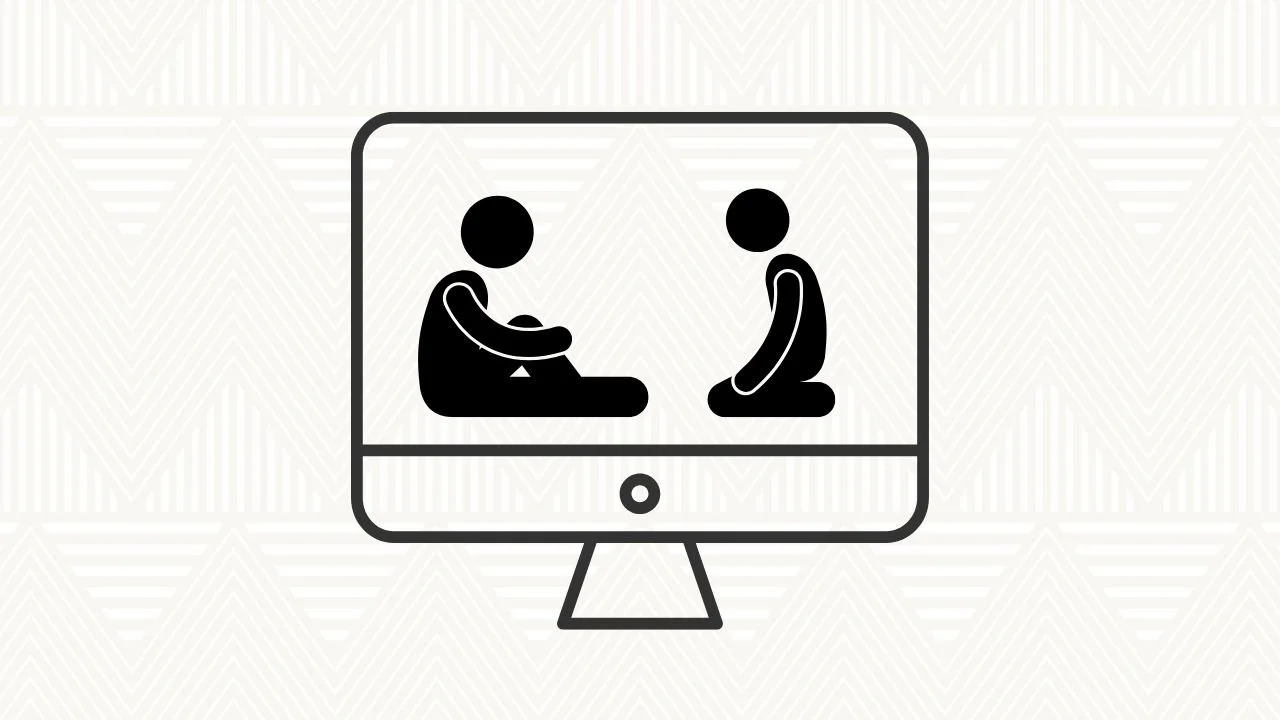 Illustration of two people sitting facing each other inside a computer monitor icon.