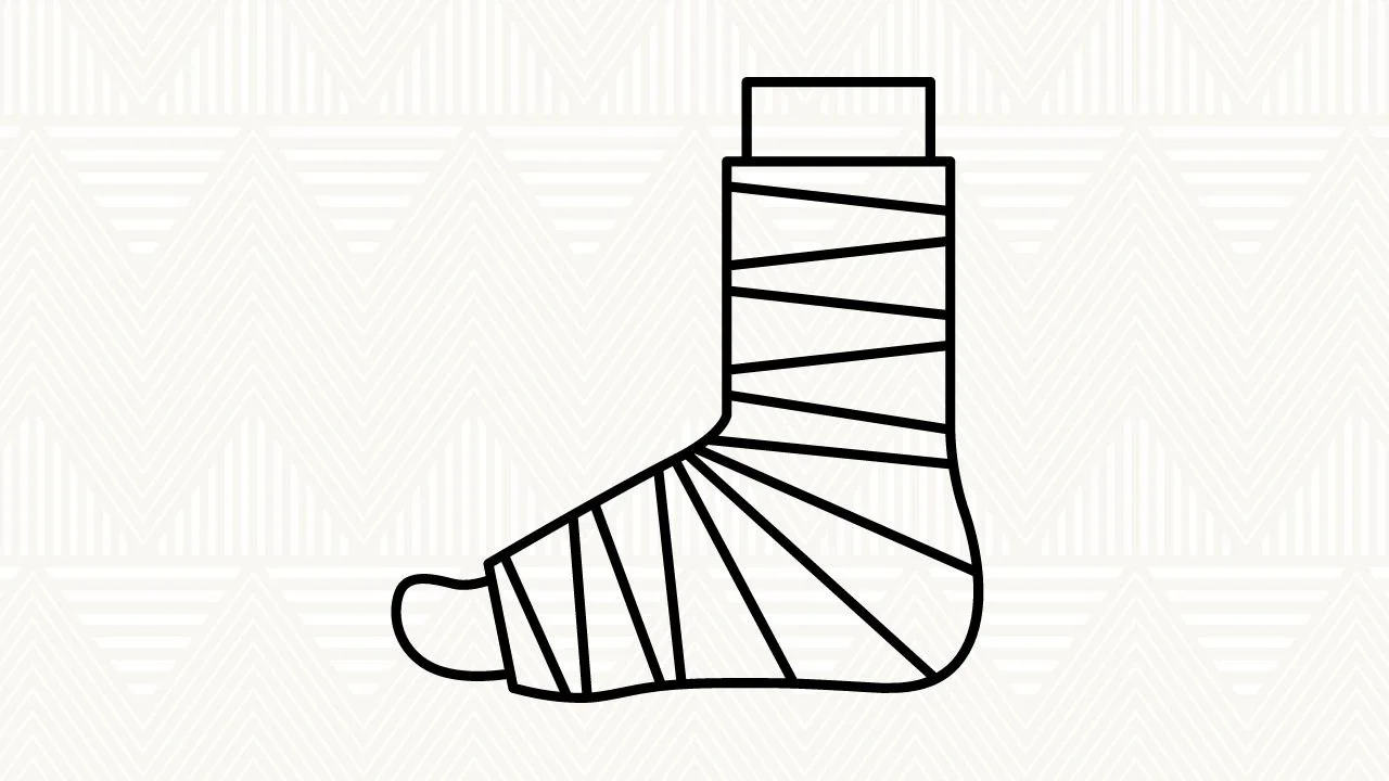 Line drawing of a foot wrapped in bandages on a patterned background.