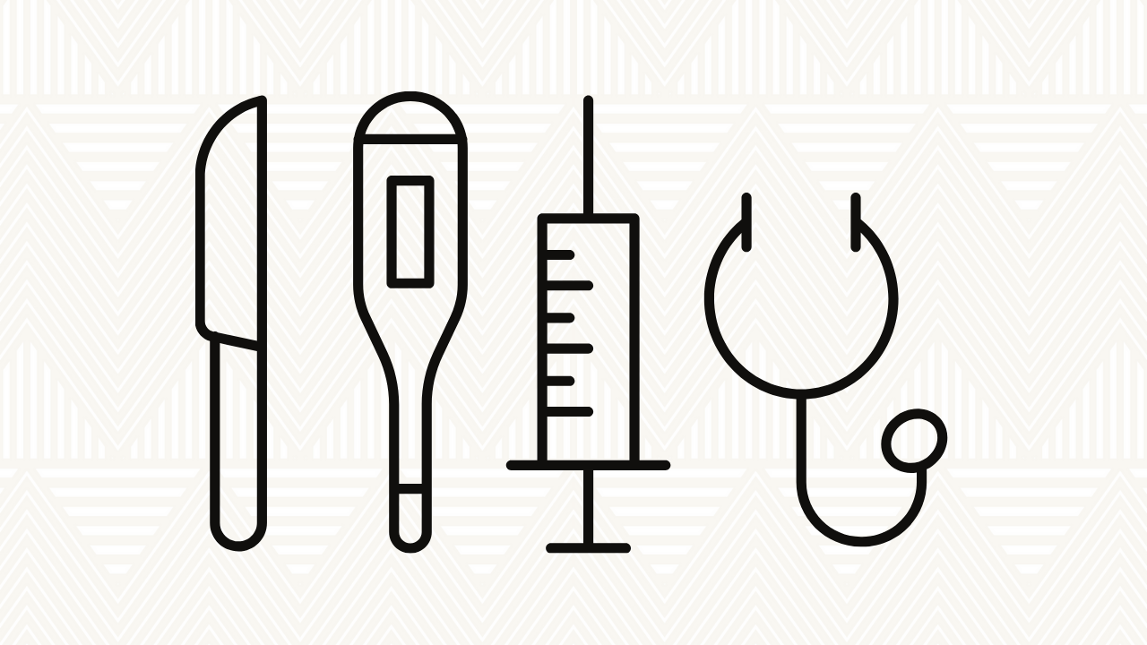 Illustration of a scalpel, thermometer, syringe, and stethoscope.