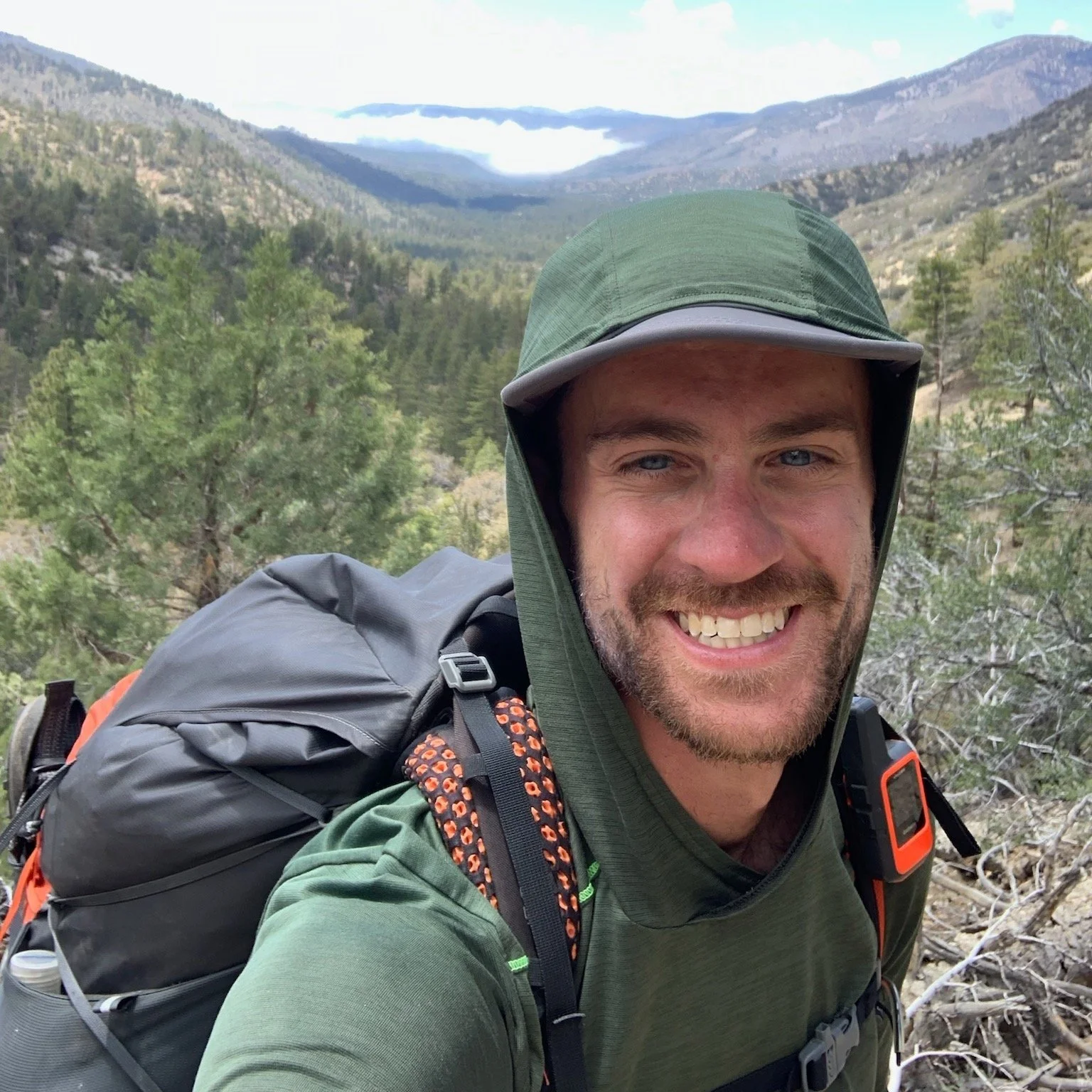 Person wearing green hoodie and backpack in a mountainous landscape with trees.