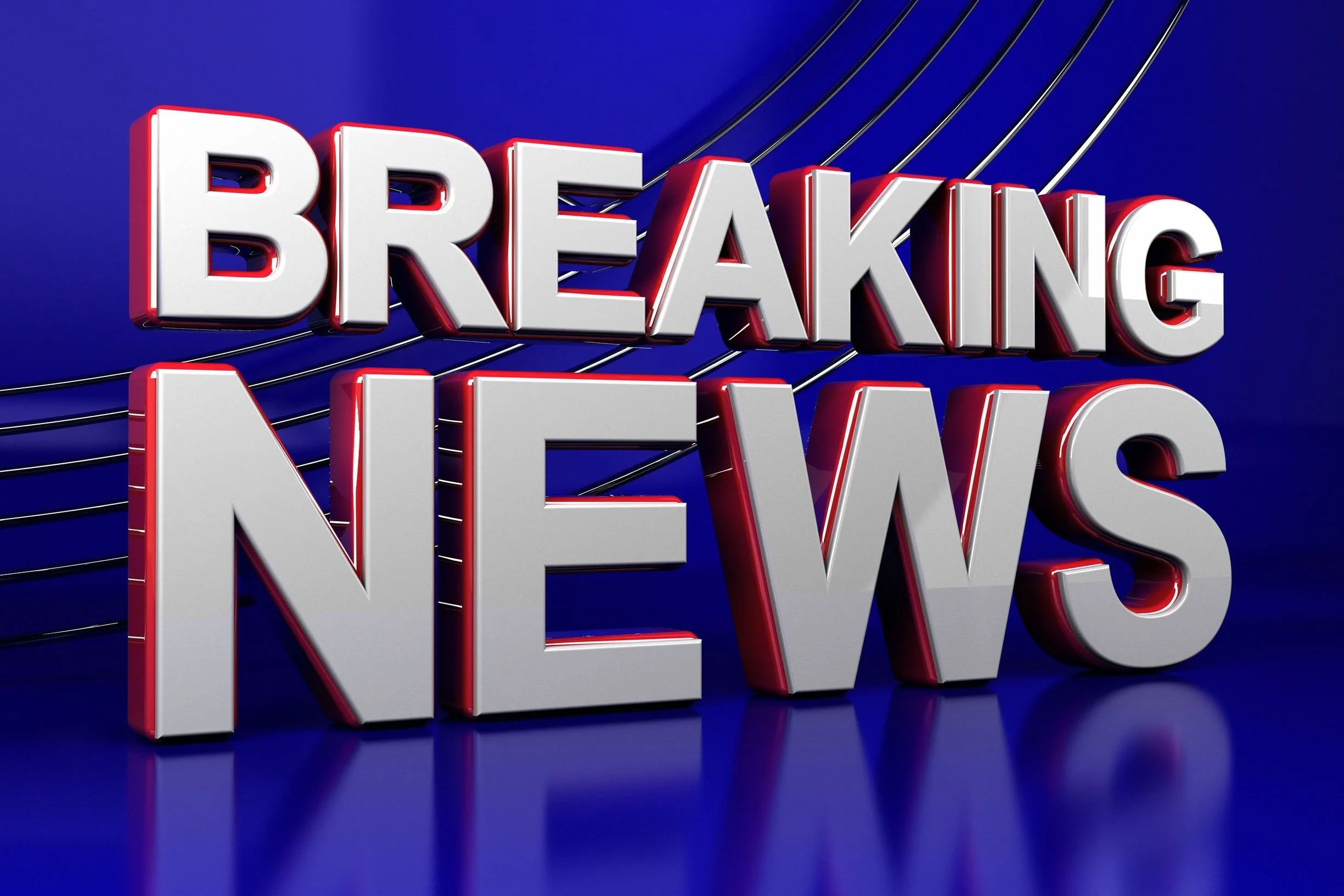 3D text saying 'Breaking News' on a blue background with metallic letters and colored shadows.