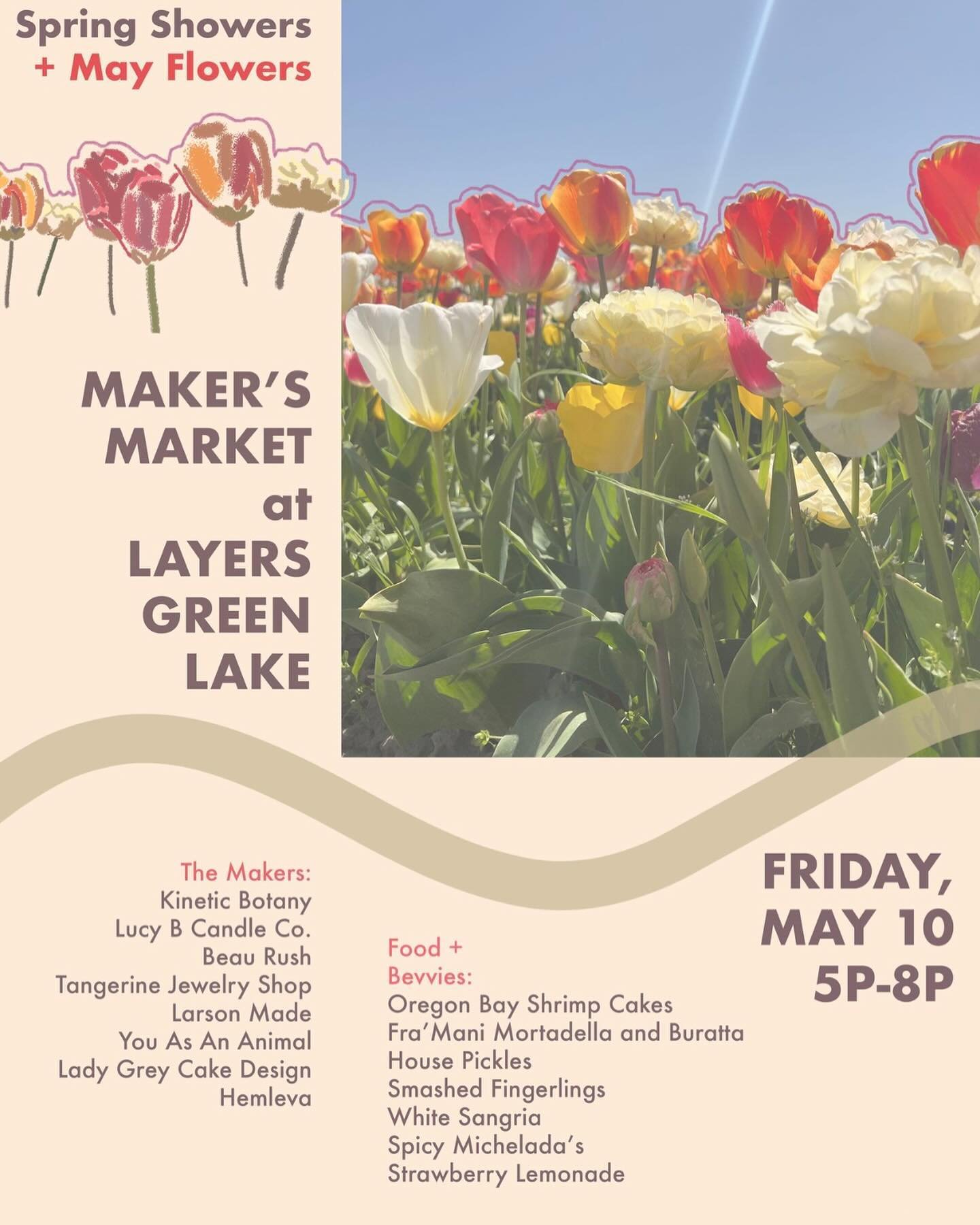 The day has come friends! It&rsquo;s Spring Showers, May Flowers Maker&rsquo;s Market Day and the sun is shiiining!!
We&rsquo;re thrilled to have @kineticbotany @lucybcandleco @beaurush @larson.made @_youasananimal @ladygreyseattle @hemleva with us t