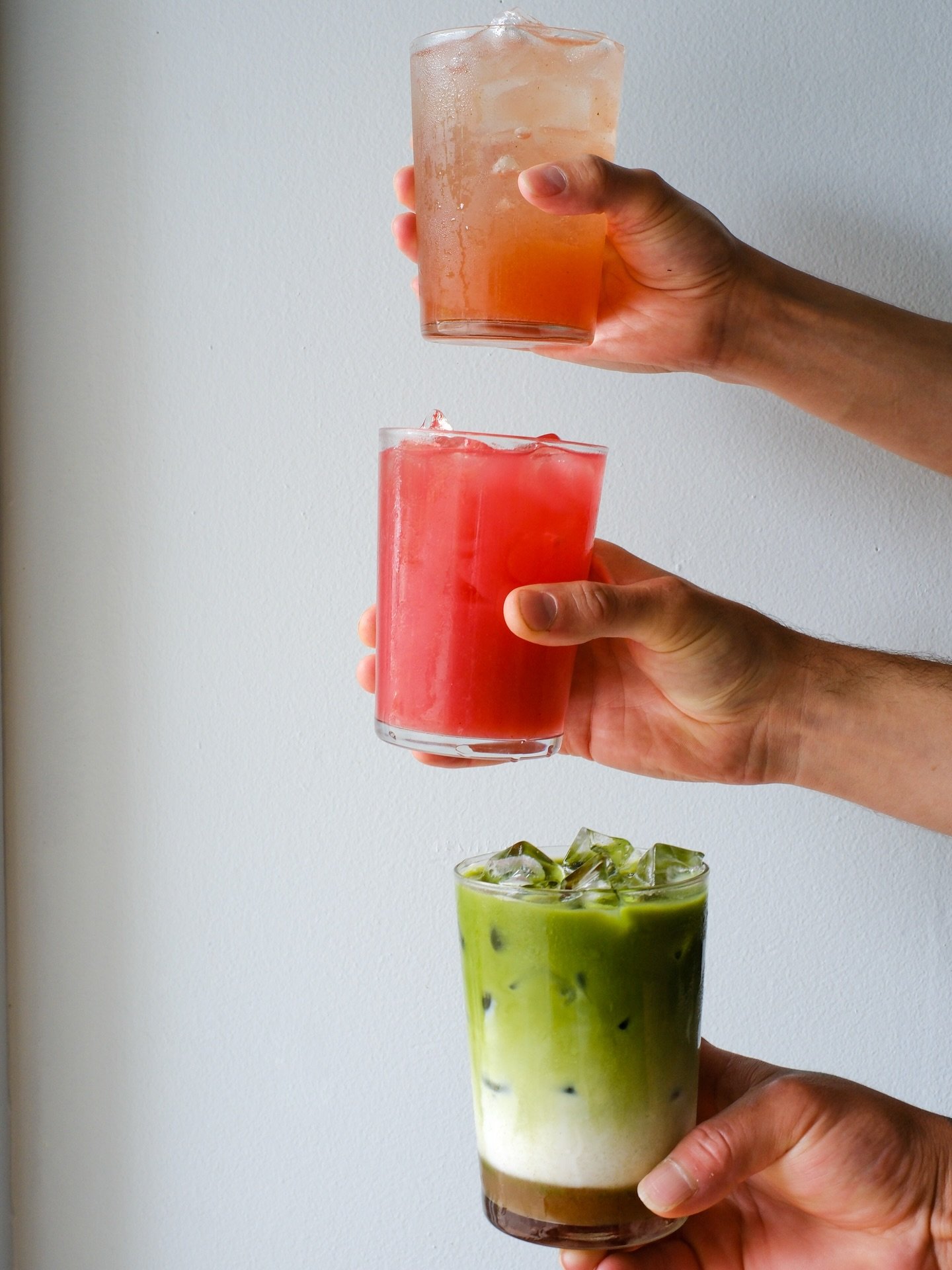 Thirsty?! We have three new house-made beverages on the menu to quench your thirst! 
From the top:
Strawberry Basil Shrub (limited supply)
Cherry Lemonade
Banana Matcha Latte (iced, respectfully) 
//
Special thanks for our hand models; Jesus, Austin 