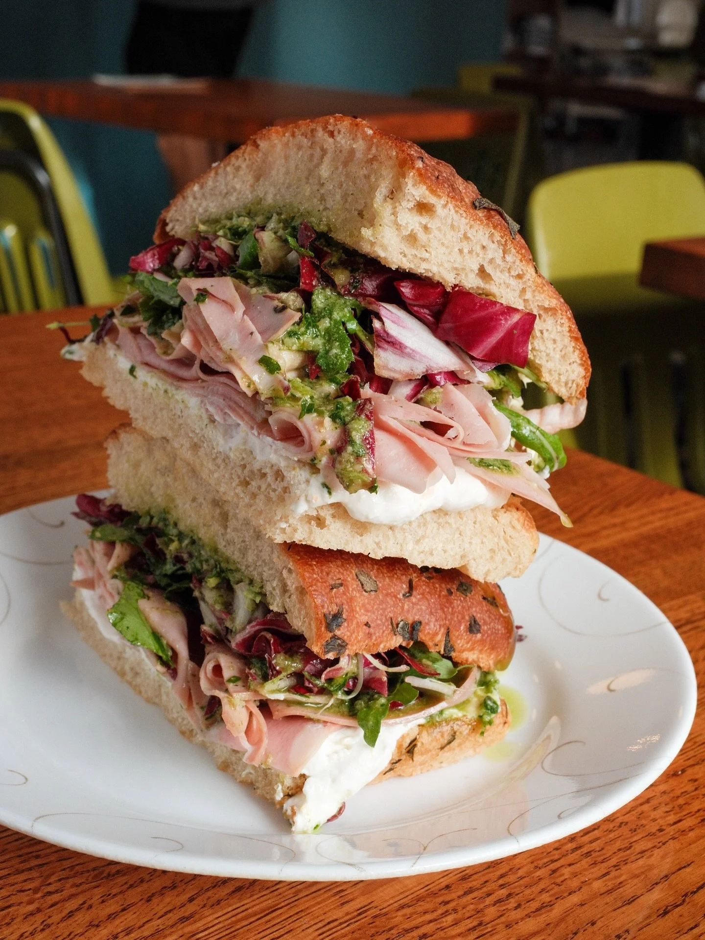 New to the menu - In Fra&rsquo;Mani We Trust.
Fra&rsquo;Mani mortadella, pumpkin seed gremolata, Meyer lemon ricotta &amp; chicories, on herby focaccia.