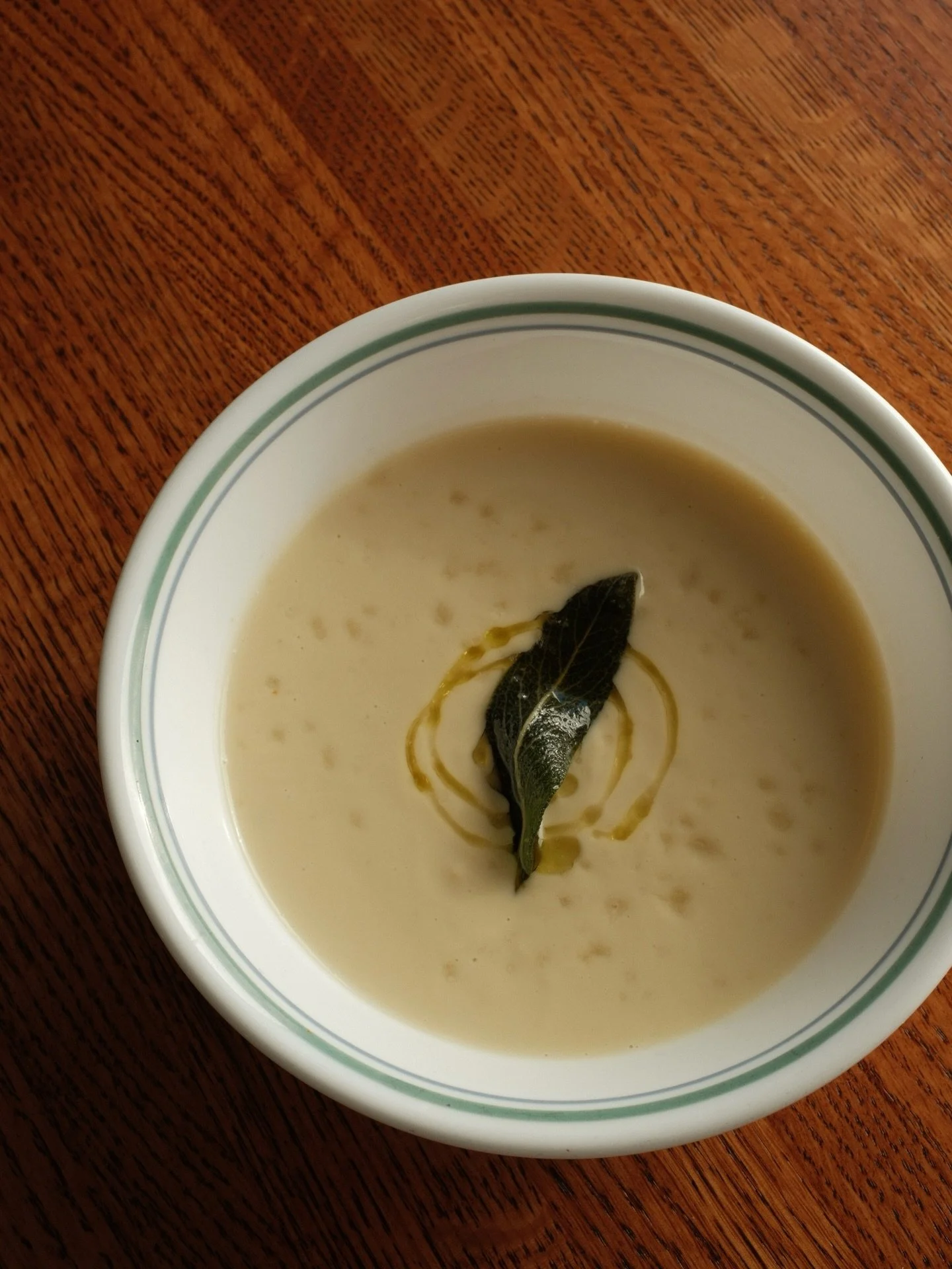 New soup to warm your insides and dip your sandos in - Cauliflower Leek with Fried Sage and Extra Virgin Olive Oil.  This baddy contains a touch of dairy and soy friends.