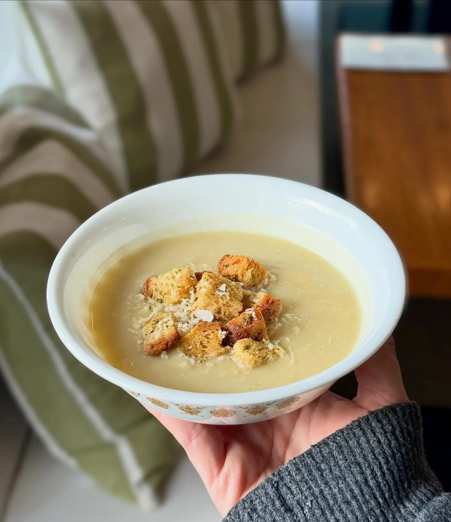 This creamy Celeriac Potato Bisque is sure to warm you up this week. 

Topped with gluten free croutons and shaved horseradish for the slightest little kick.