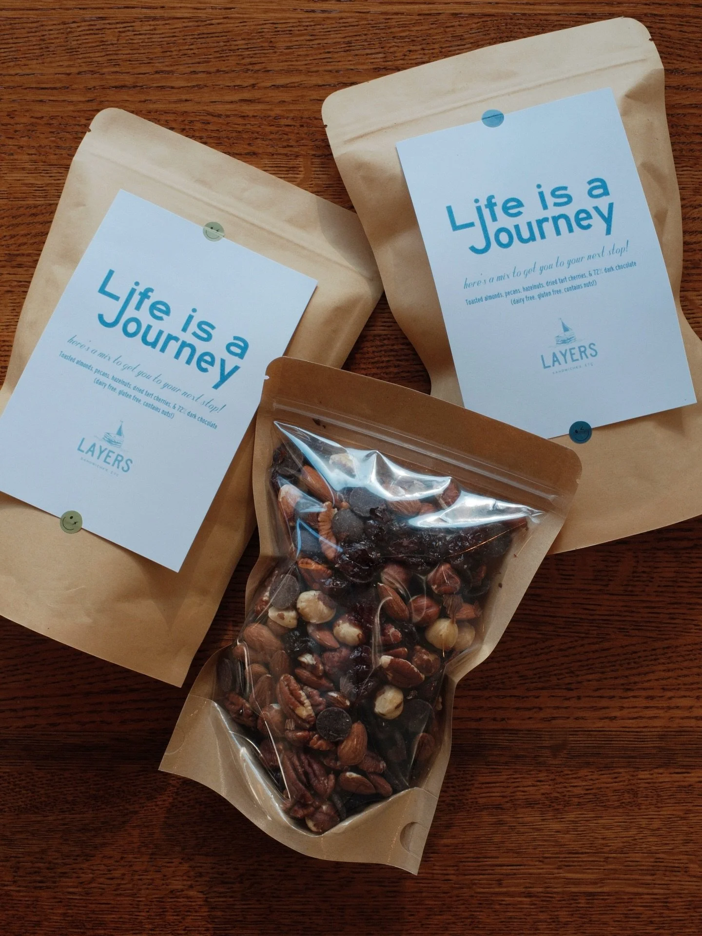 Life (truly) is a journey!  We have just the mix to get you to your next stop!  Toasted hazelnuts, pecans, almonds, sour tart cherries and 72% chocolate.  Fill your pockets with it, stash some in your bag, or throw it in your lunch box. Whatever you 