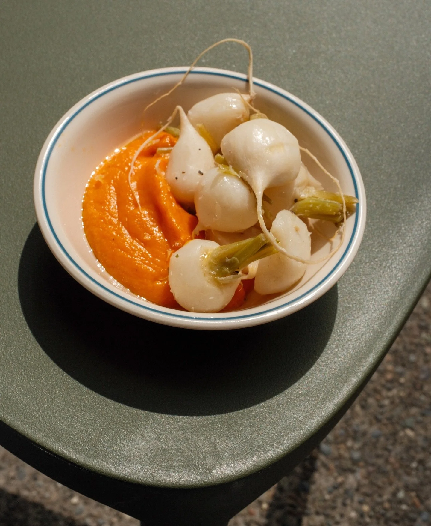 Poached turnips and carrot butter - juicy turnips poached in white wine, bay leaf and peppercorn, on top of luscious carrot butter. 
PNW grown @franksqualityproduce 
Come and get it, open every day 10AM-3PM!!