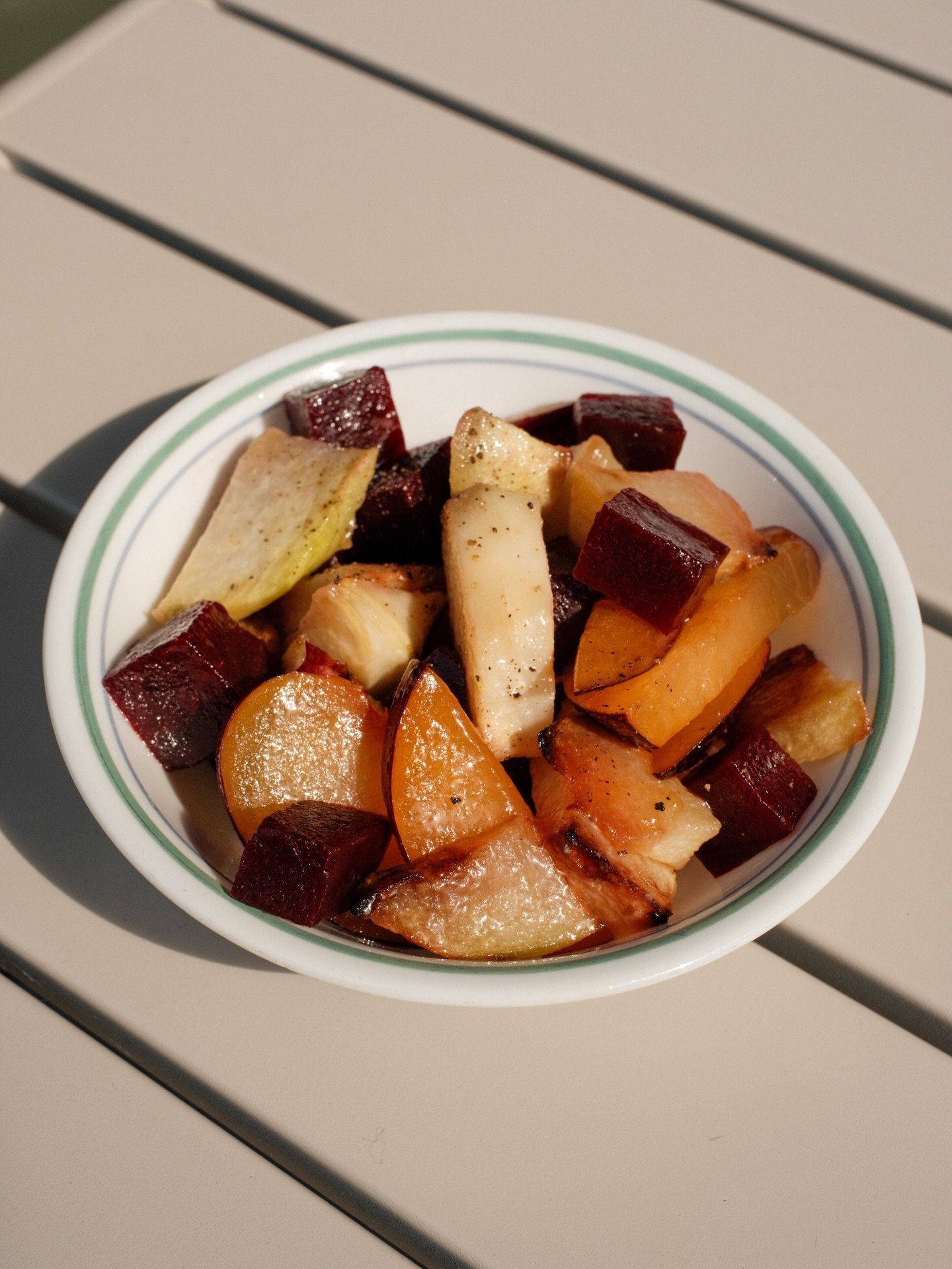✨ New Summer Side✨  a medley salad of roasted and chilled kohlrabi, pickled beets &amp; fresh plums.