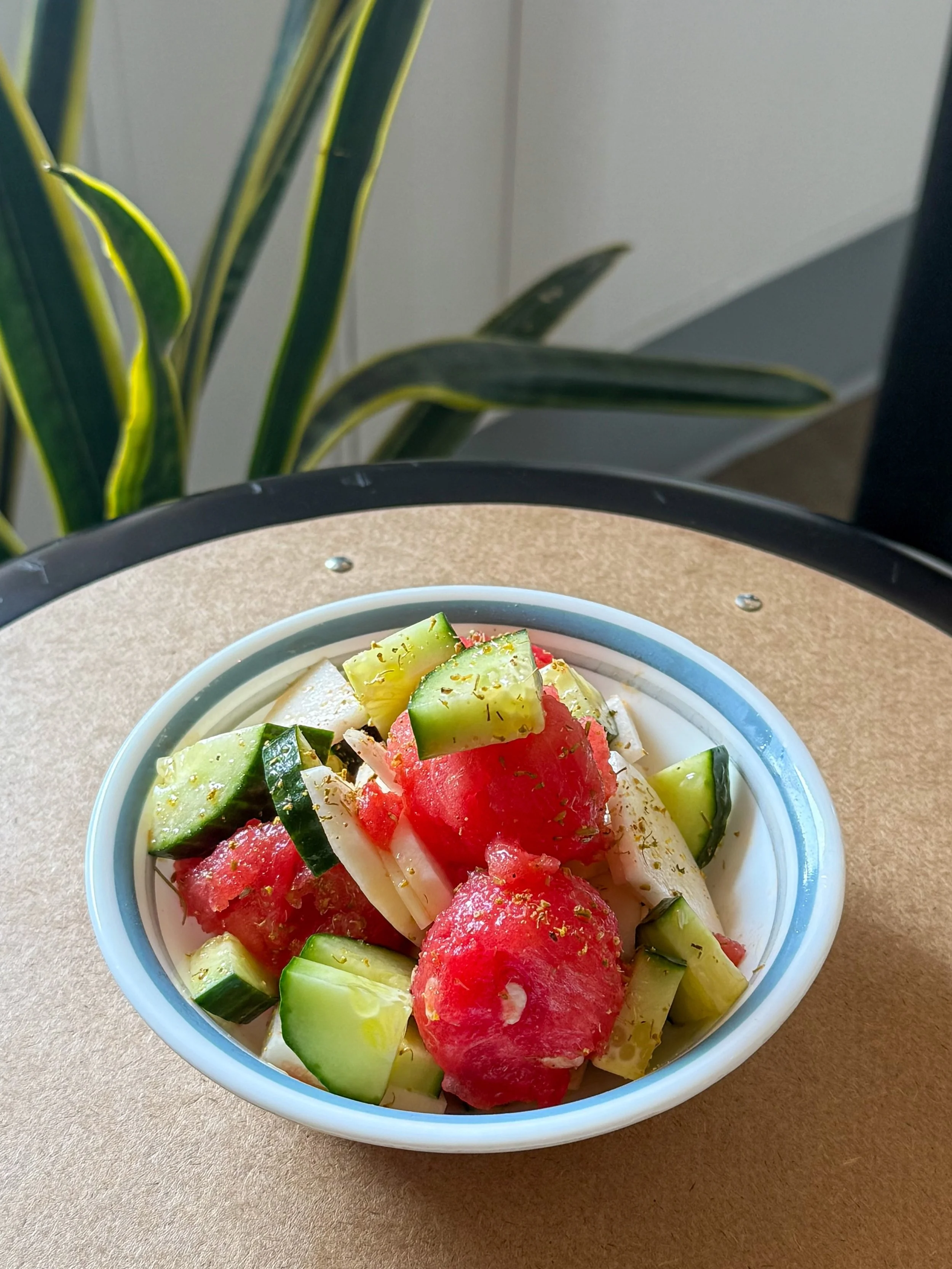 Our seasonal side is fresh, crisp &amp; peak summer; cucumber, watermelon and turnips with fennel pollen all grown in Washington and the perfect addition to any sandwich you choose.