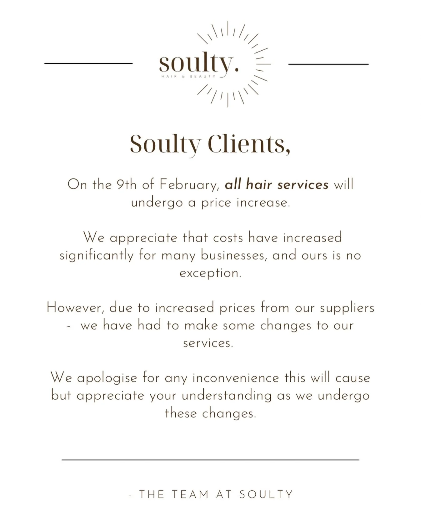 As of today all of our hair service prices will have a slight price increase to keep up with the cost of our suppliers

We thank you for your continued support🩷