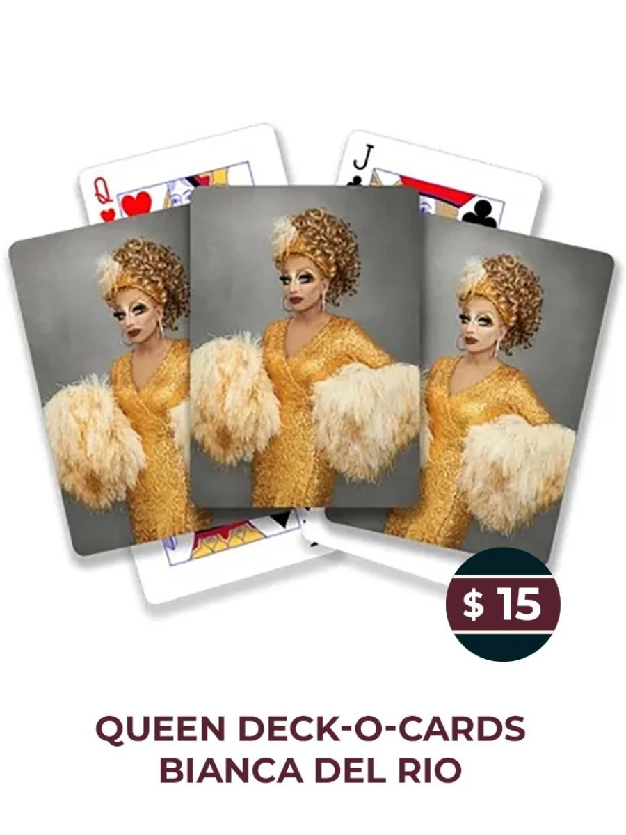 A set of Queen deck-of-cards featuring Bianca Del Rio, showing her in a gold dress with feathered sleeves and an elaborate curly wig.