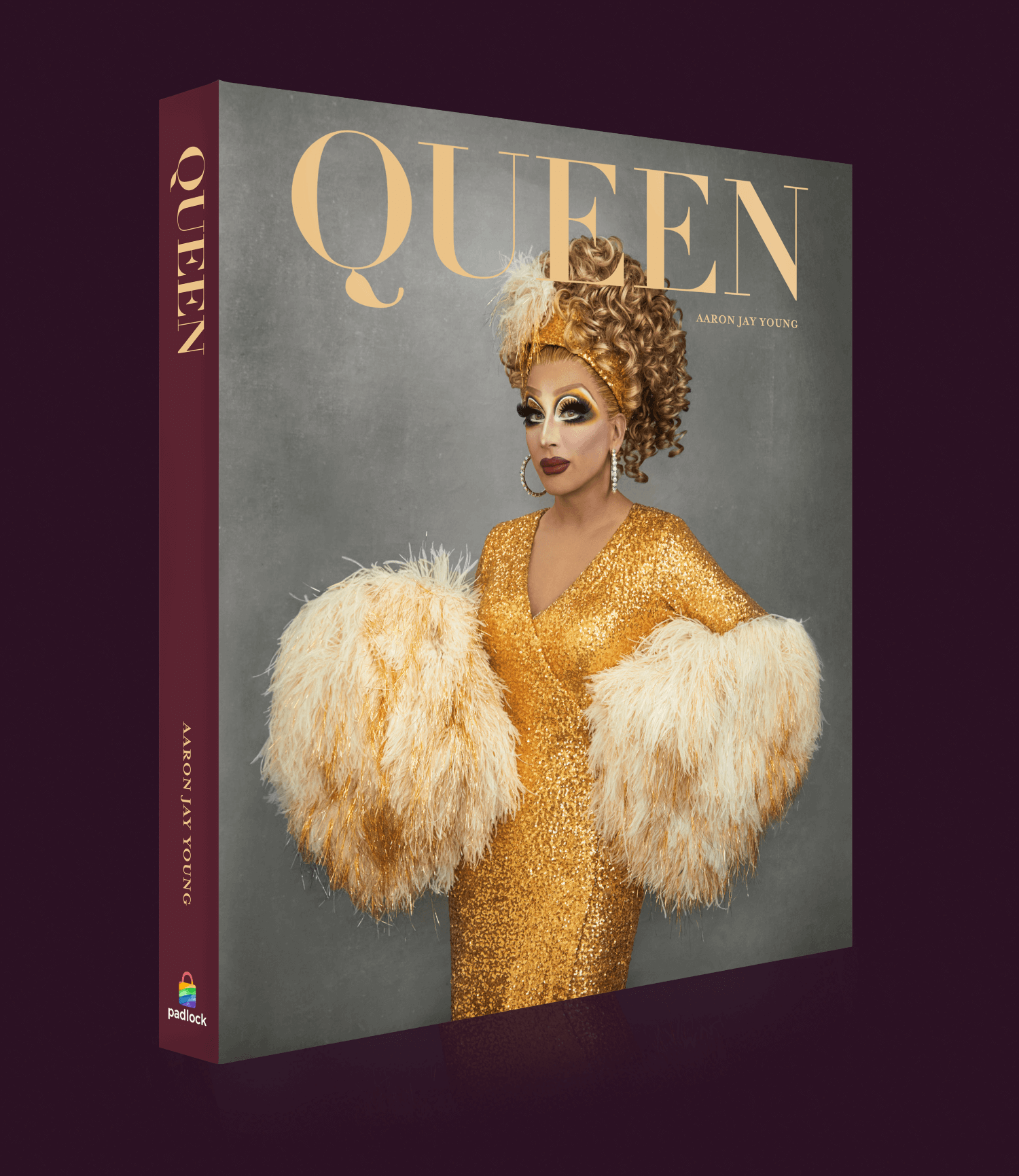 Book cover titled 'Queen' featuring a drag queen in a gold sequined dress with large feathered sleeves and dramatic makeup.