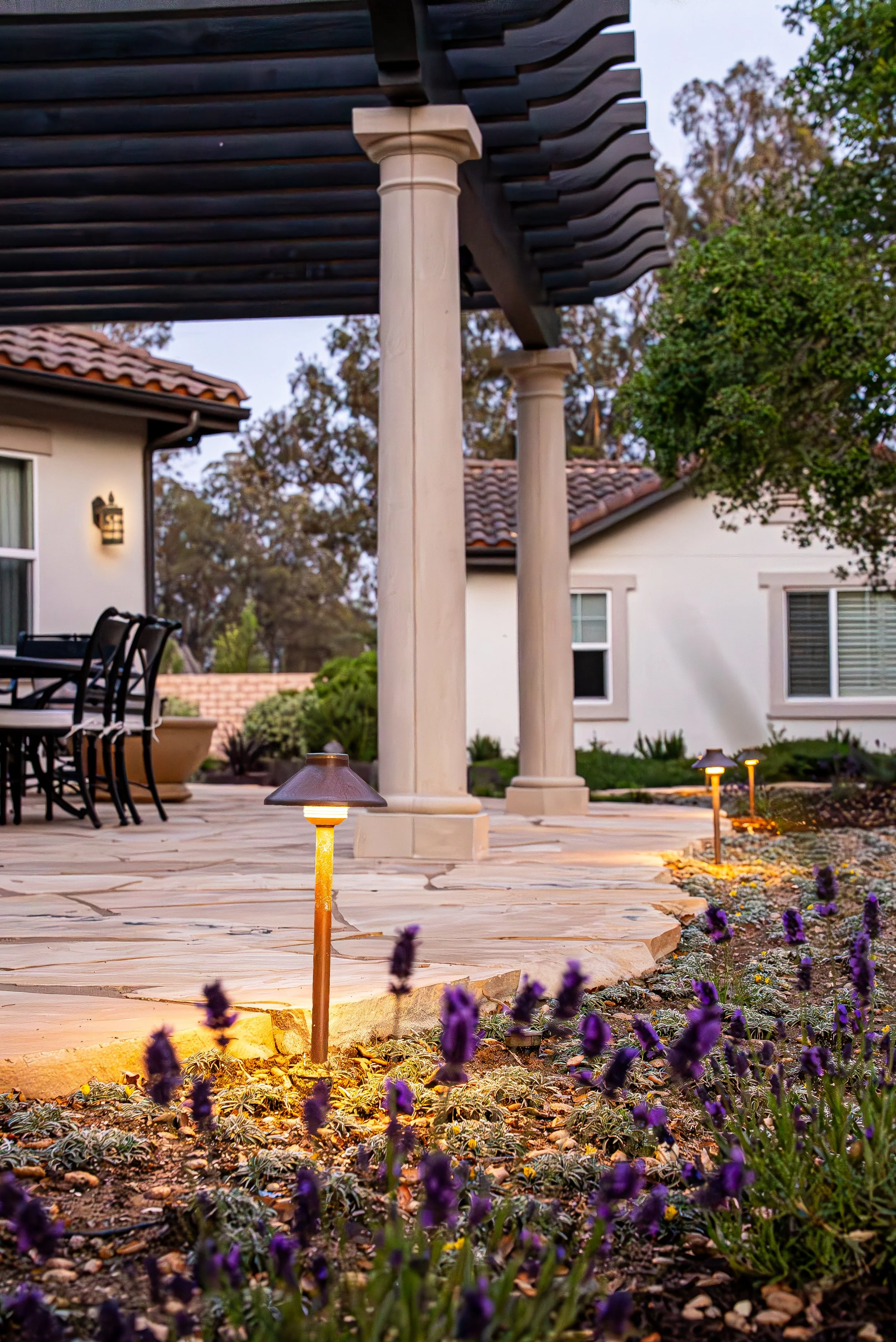 Outdoor patio area with stone flooring, lit pathway lights, flowering purple plants, and residential houses in the background during the evening.