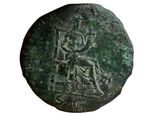 Ancient Roman Hadrian coin with engraved figure and symbols, showing wear and corrosion.