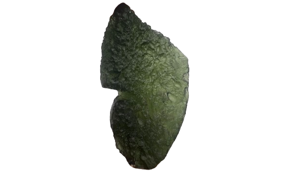 A large olive green moldavite piece of museum quality, showing texture typical of moldavite, from czech republic, on white background