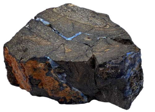 Close-up of a large rough natural Australian boulder Opal with Opal seams visible, on white background