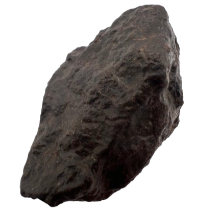 NWA meteorite specimen with dark fusion crust on a white background