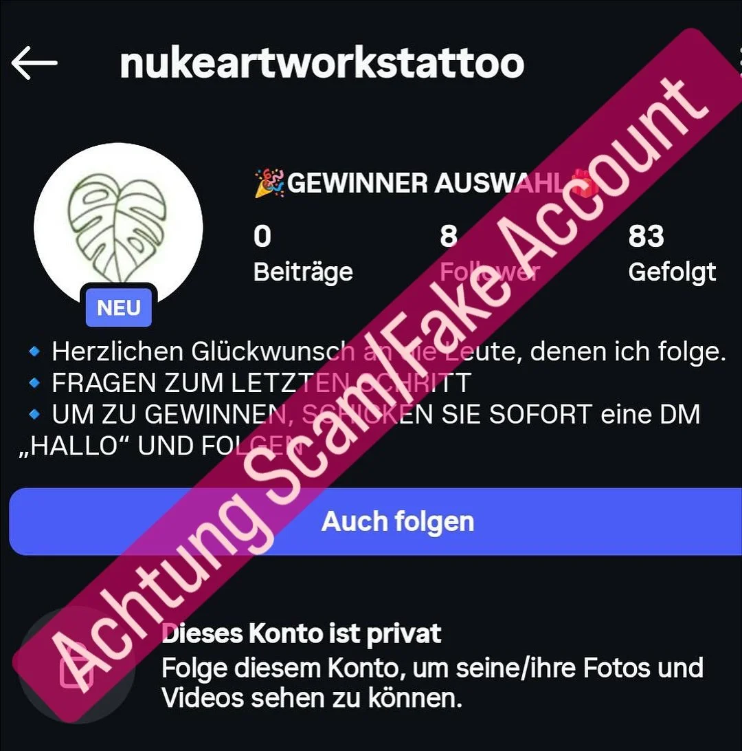 ‼️‼️‼️Achtung SCAM!!! 
Uns scheinen die Betr&uuml;ger wohl zu m&ouml;gen, in letzter Zeit tauchen h&auml;ufiger Scam und Fake Accounts auf die sich als @nukeartworks ausgeben.

👉 Bitte seid immer achtsam und misstrauisch.
👉 Wir w&uuml;rden Euch nie