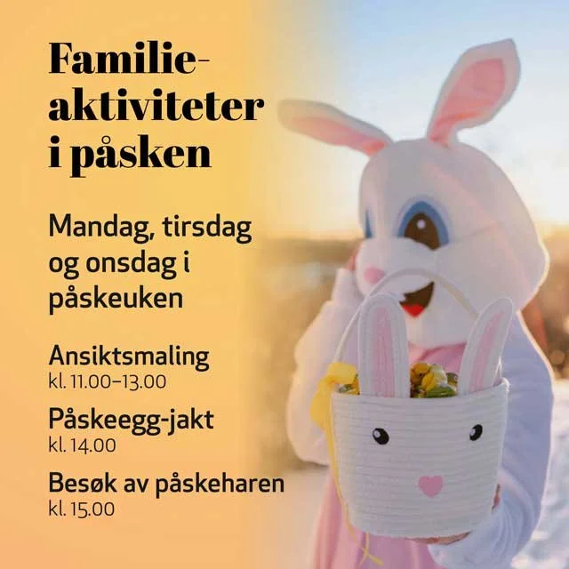 Velkommen til familieaktiviteter i p&aring;ska p&aring; Hjorten shopping🐥🐣
Mandag, tirsdag og onsdag i p&aring;skeuken inviterer vi til hyggelige morsomme p&aring;ske&shy; aktiviteter for hele familien!
🐣Ansiktsmaling kl. 11.00&ndash;13.00
🐣P&ari