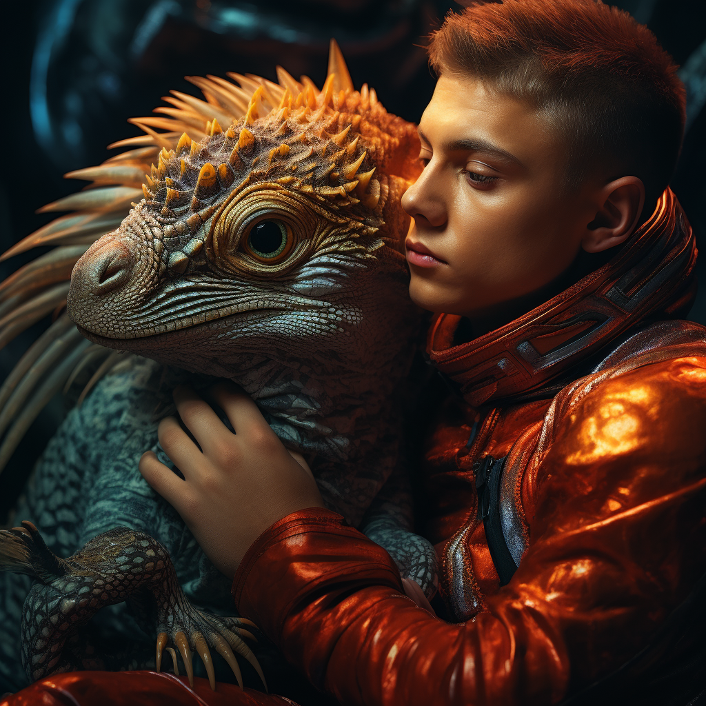 Marko DeSantos, the space tourist pets the fronwat oggyer, an animal of Bellerophon planet. Ylyth Magazine AIPix. 2023.png