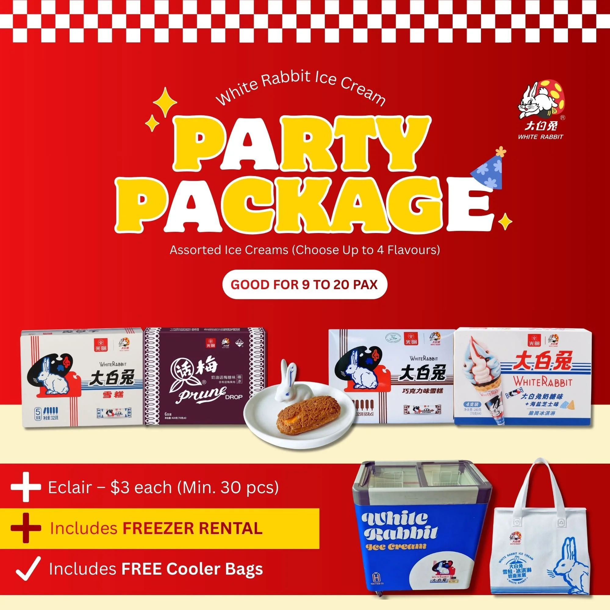 White Rabbit Ice Cream Party Package | 9–20 Pax | Assorted Flavours | FREE Freezer Rental + Cooler Bags!