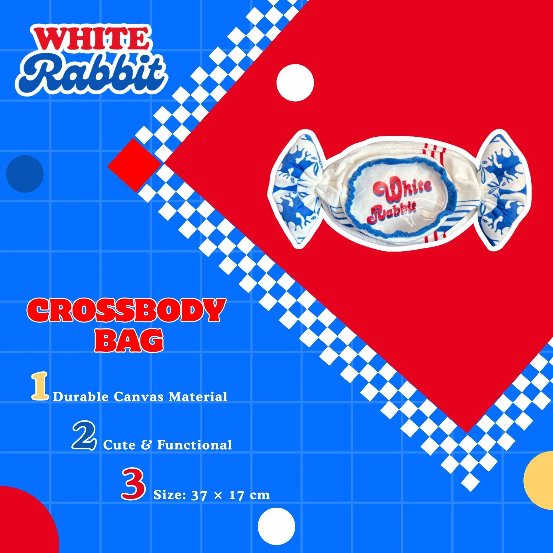 White Rabbit Canvas Crossbody Bag – Cute Lightweight Shoulder Bag, Durable Everyday Casual Sling Bag (37x17cm)