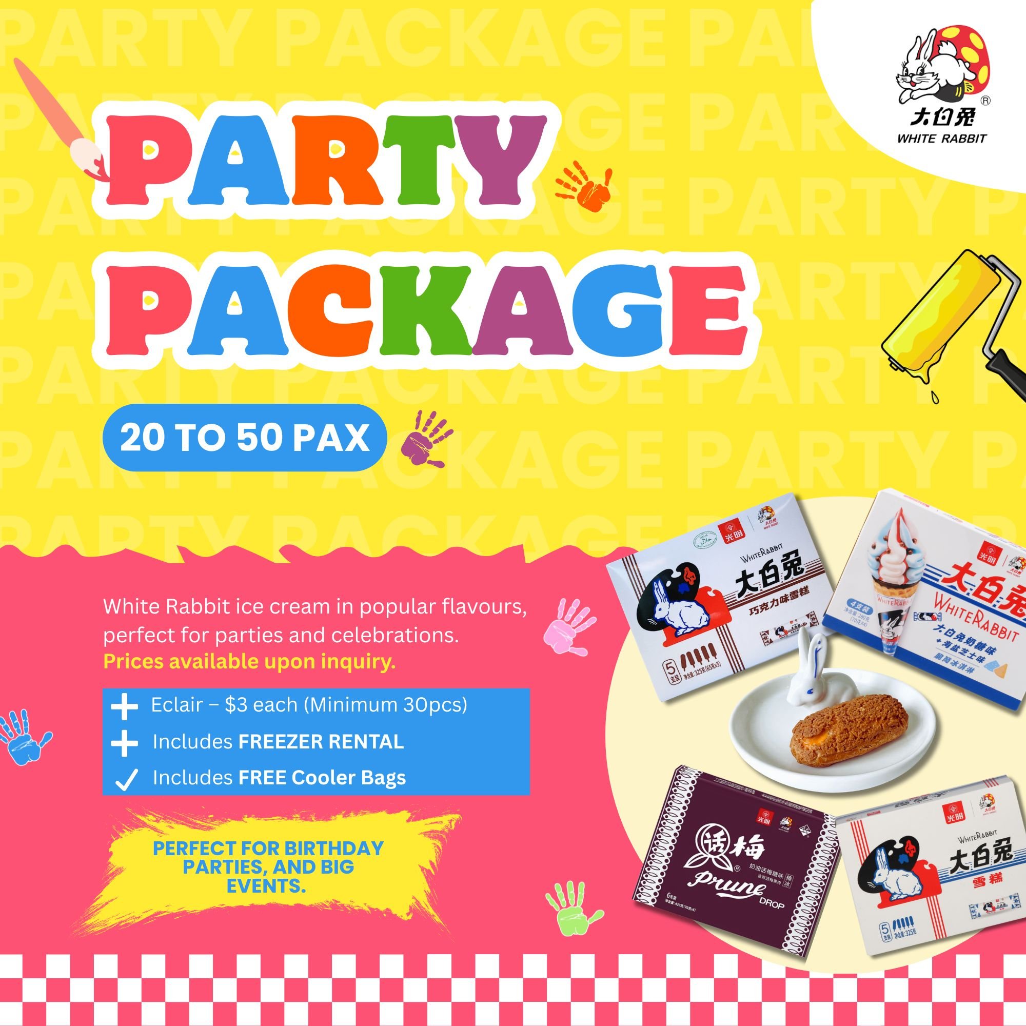 White Rabbit Ice Cream Party Package | 20–50 Pax | Assorted Flavours | FREE Freezer Rental + Cooler Bags!