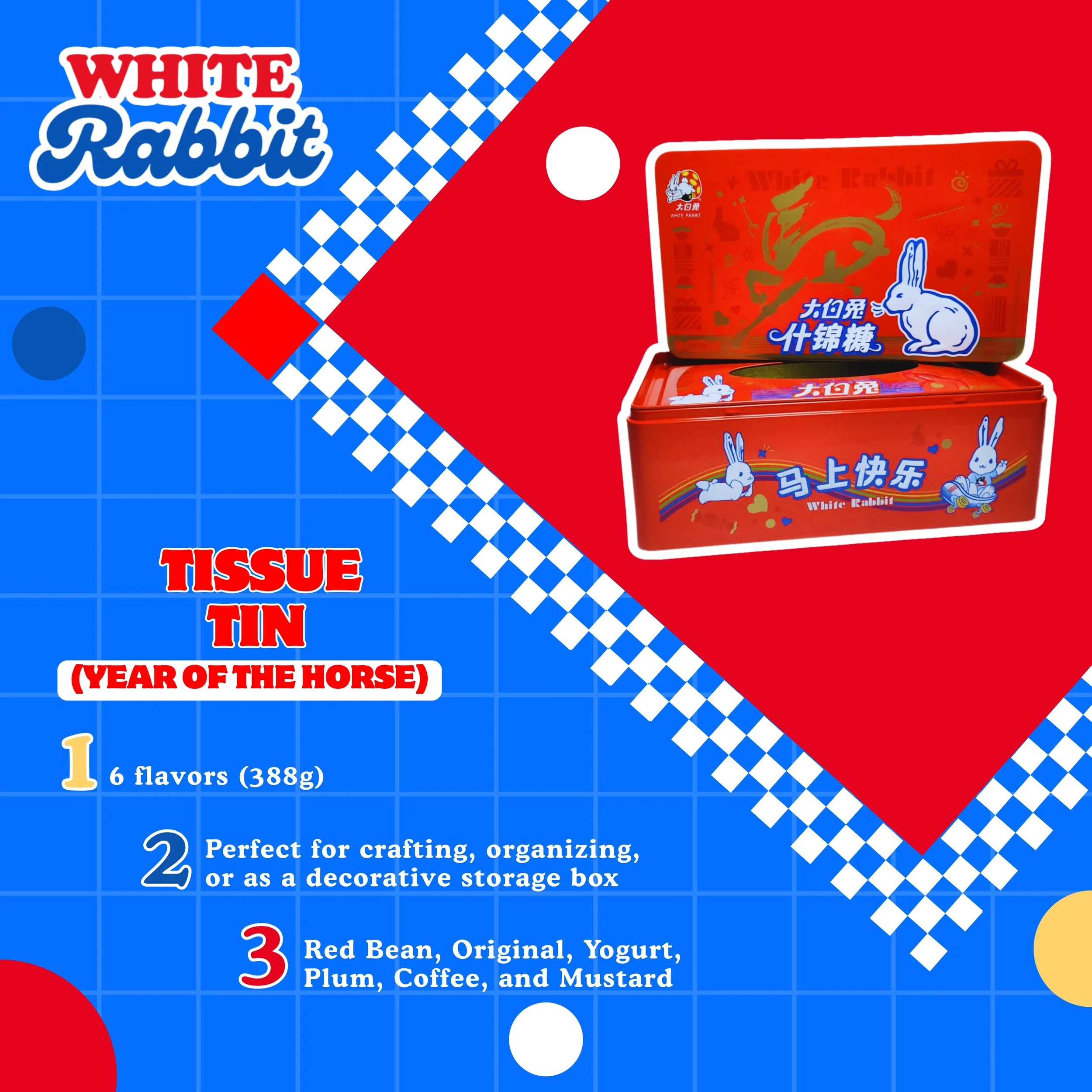 White Rabbit Assorted Tissue Box Tin Candies (6 Flavours, Zodiac – Year of the Horse) 388g