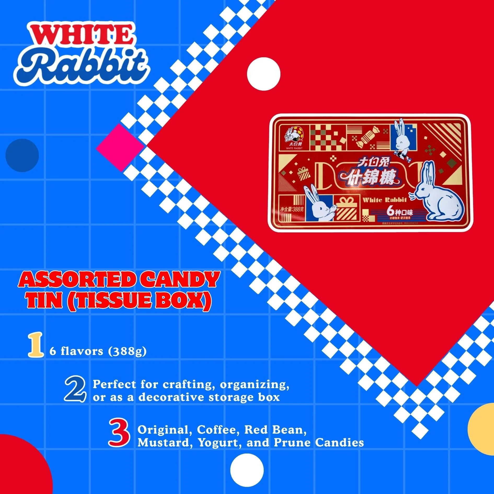 White Rabbit Assorted Tissue Box Tin Candies (6 Flavours) 388g