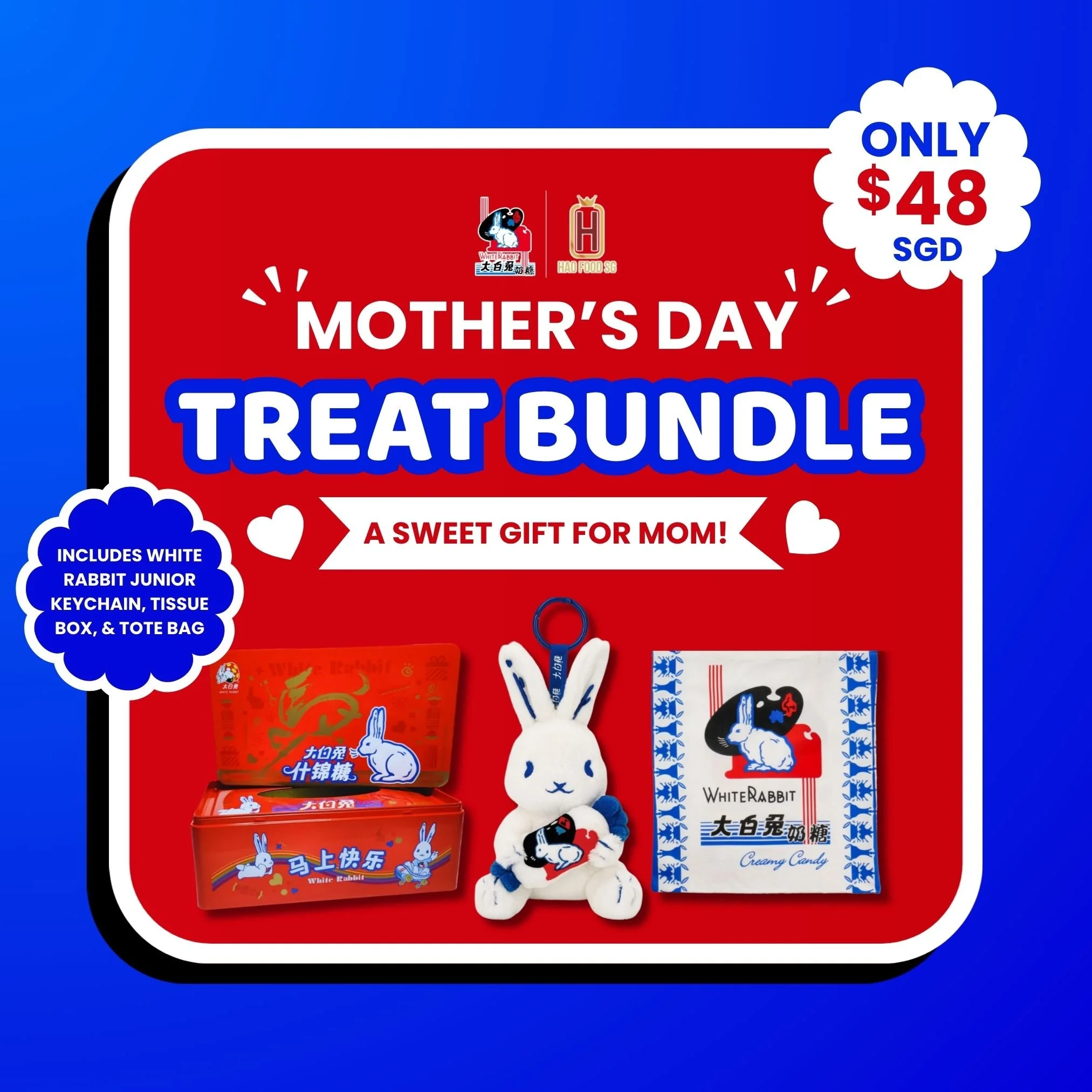 Mother’s Day White Rabbit Treat Bundle – Junior Keychain, Tissue Box & Tote Bag Gift Set!
