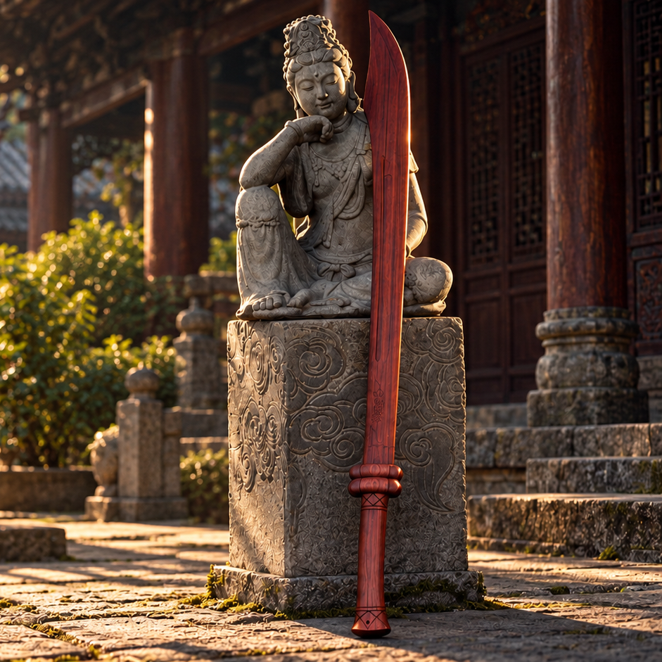 Red sandalwood wooden Dao beside a seated stone statue in a sunlit traditional Chinese courtyard