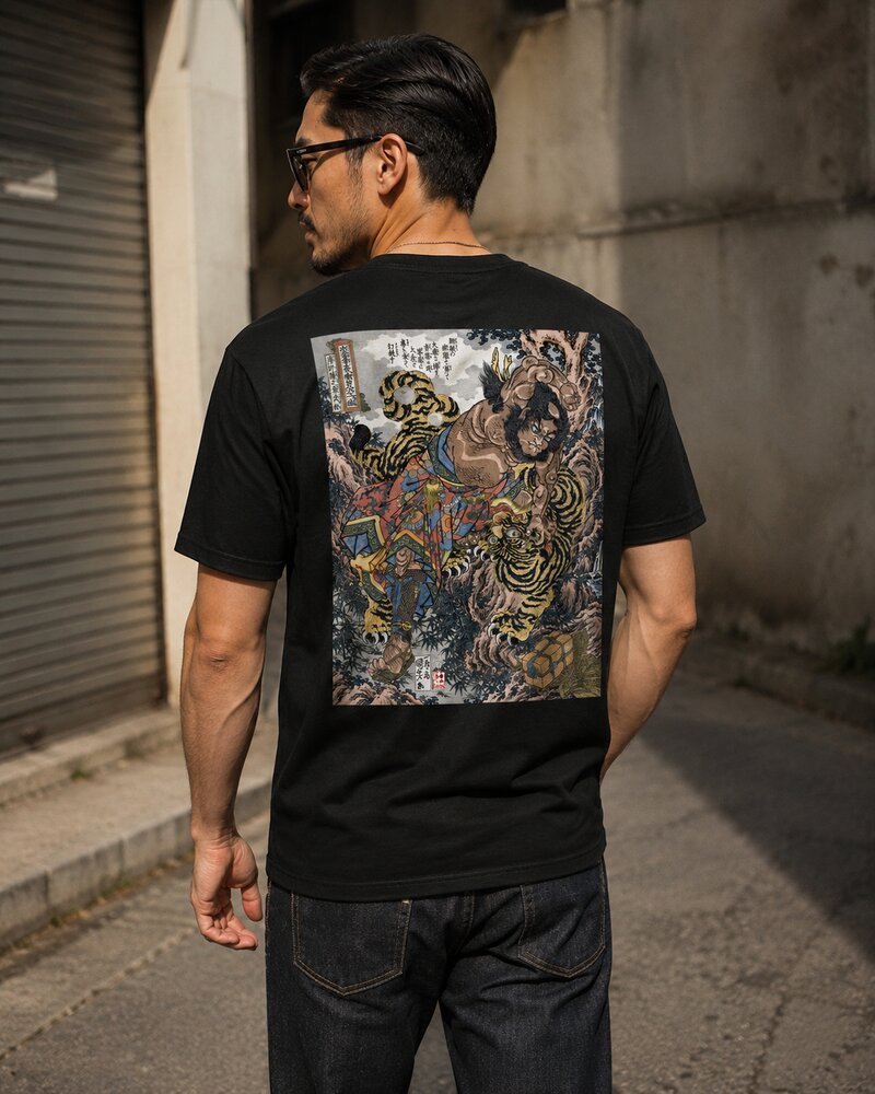 Model wearing a Water Margin Wu Song martial arts T-shirt