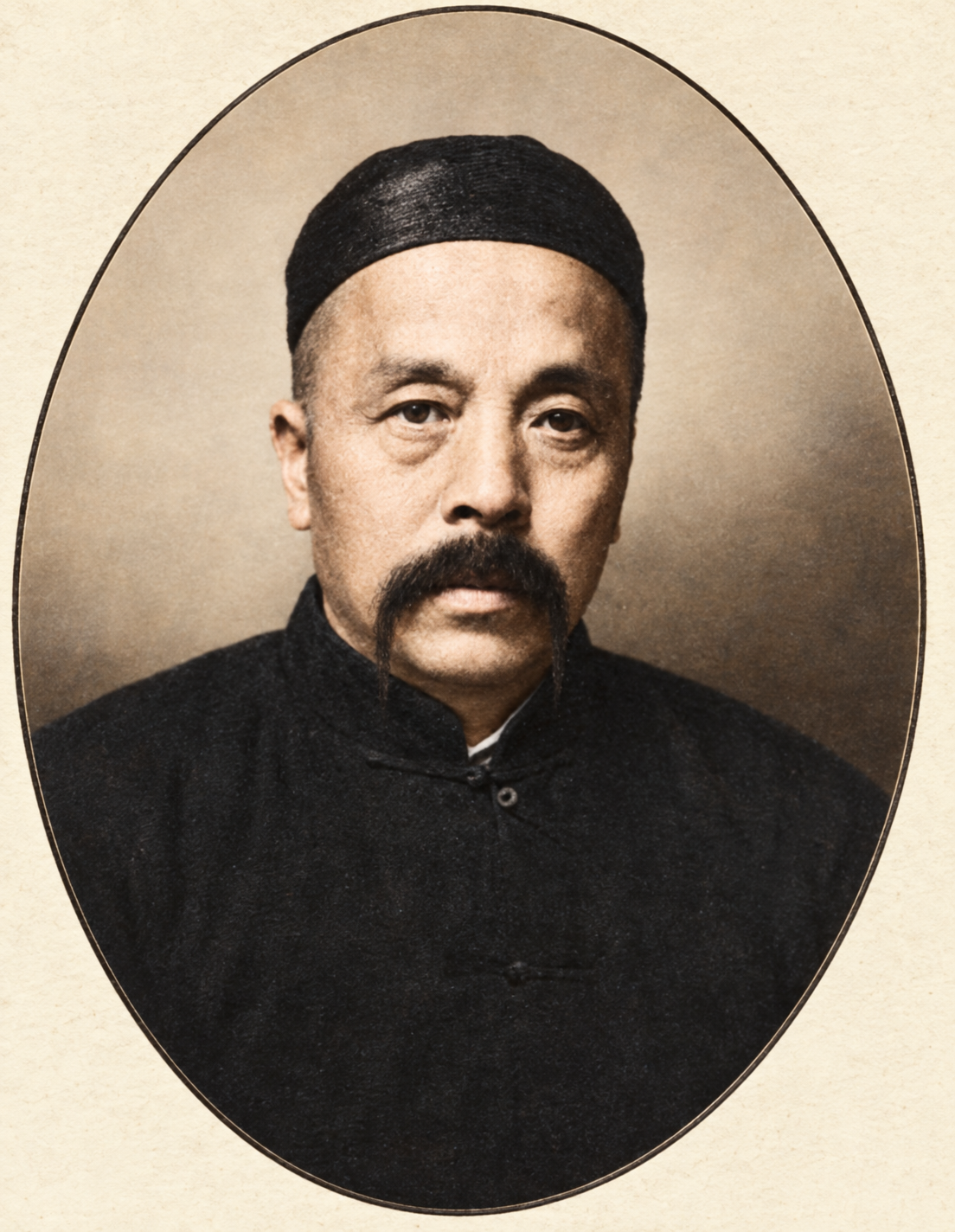 Restored and colorized portrait of Huang Bonian wearing traditional Chinese clothing and a long moustache
