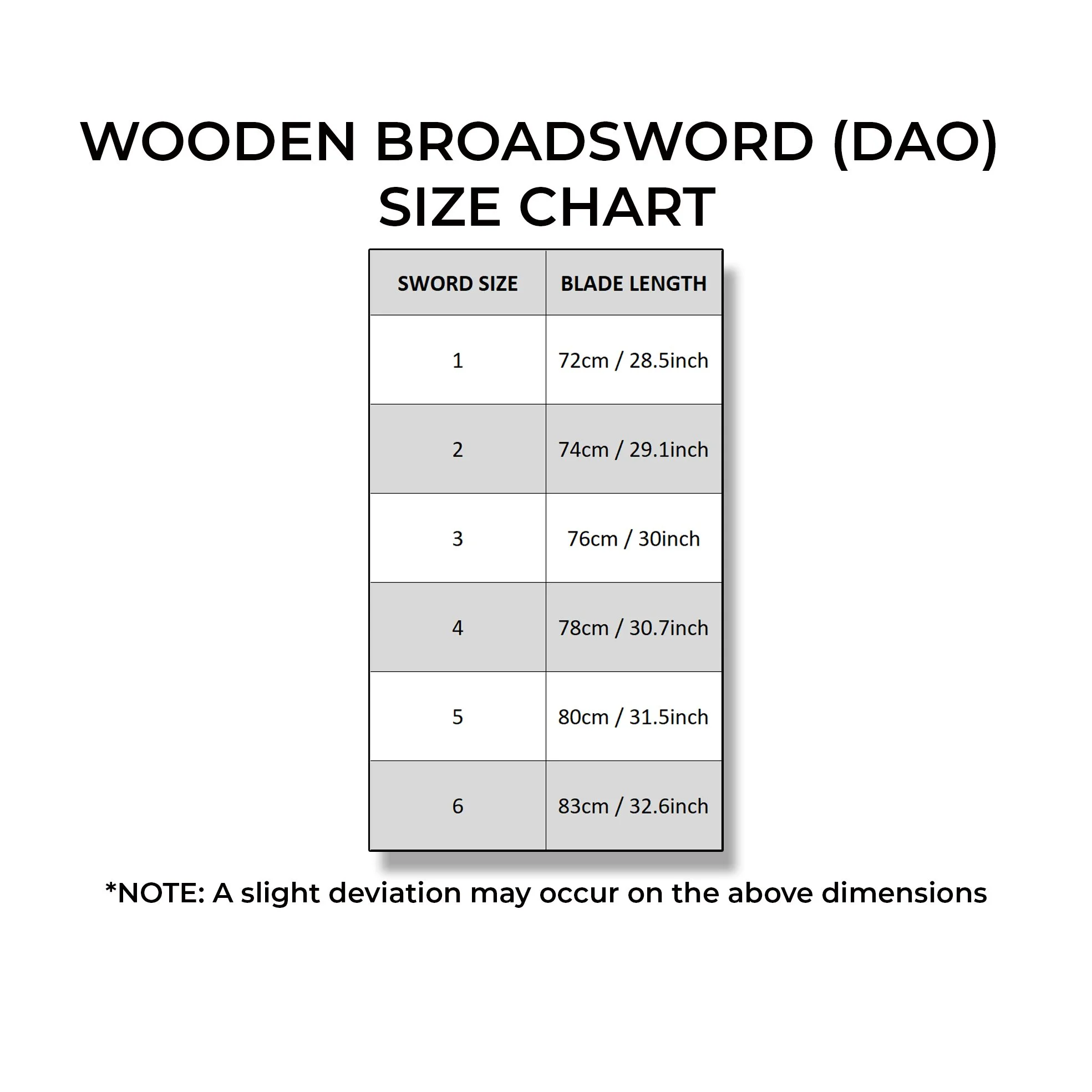Wooden Dao size chart: sizes 1–6 with blade lengths of 72, 74, 76, 78, 80 and 83 cm; slight variations may occur