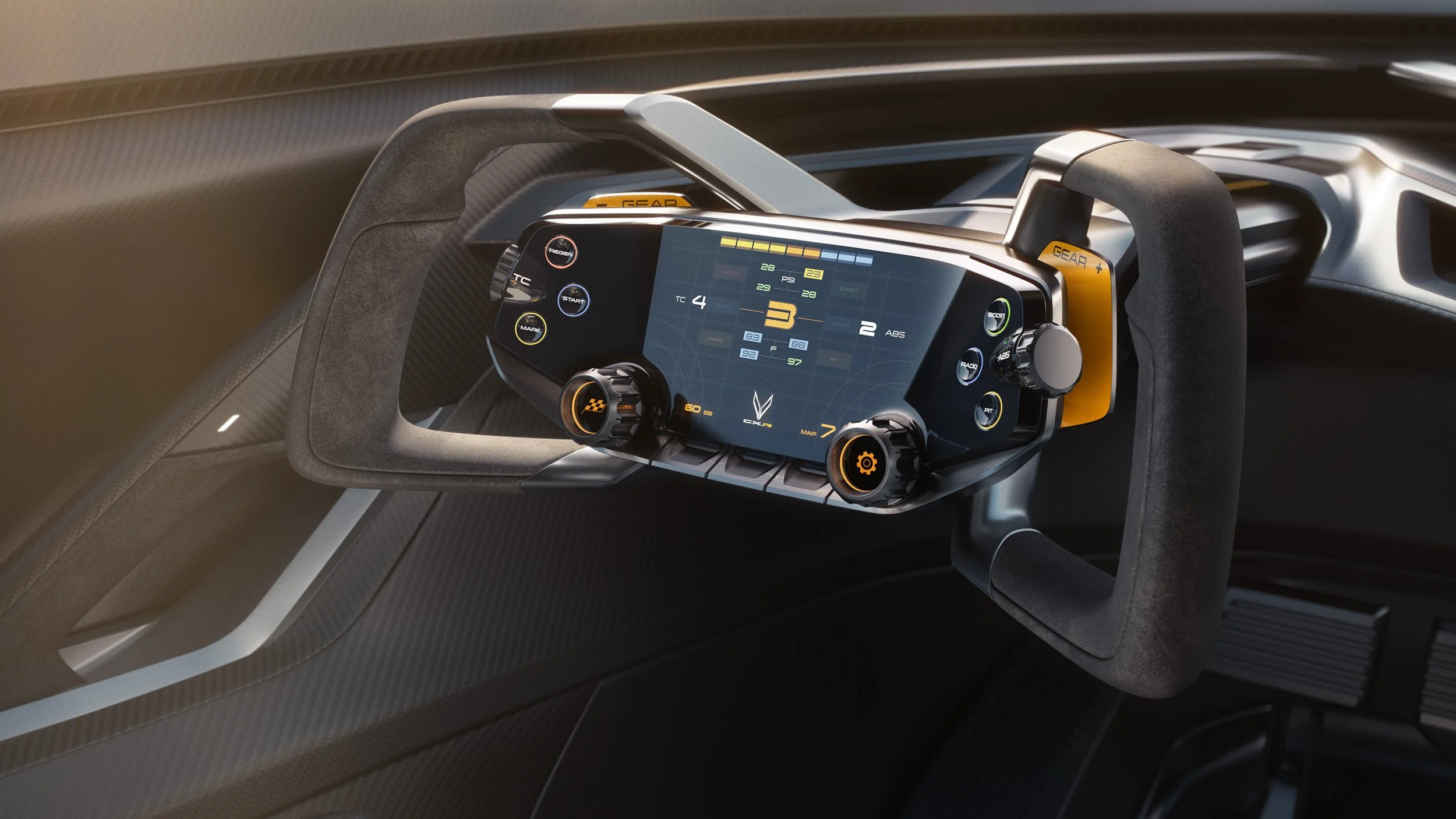 Close up 3d render of a Corvette CXR steering wheel