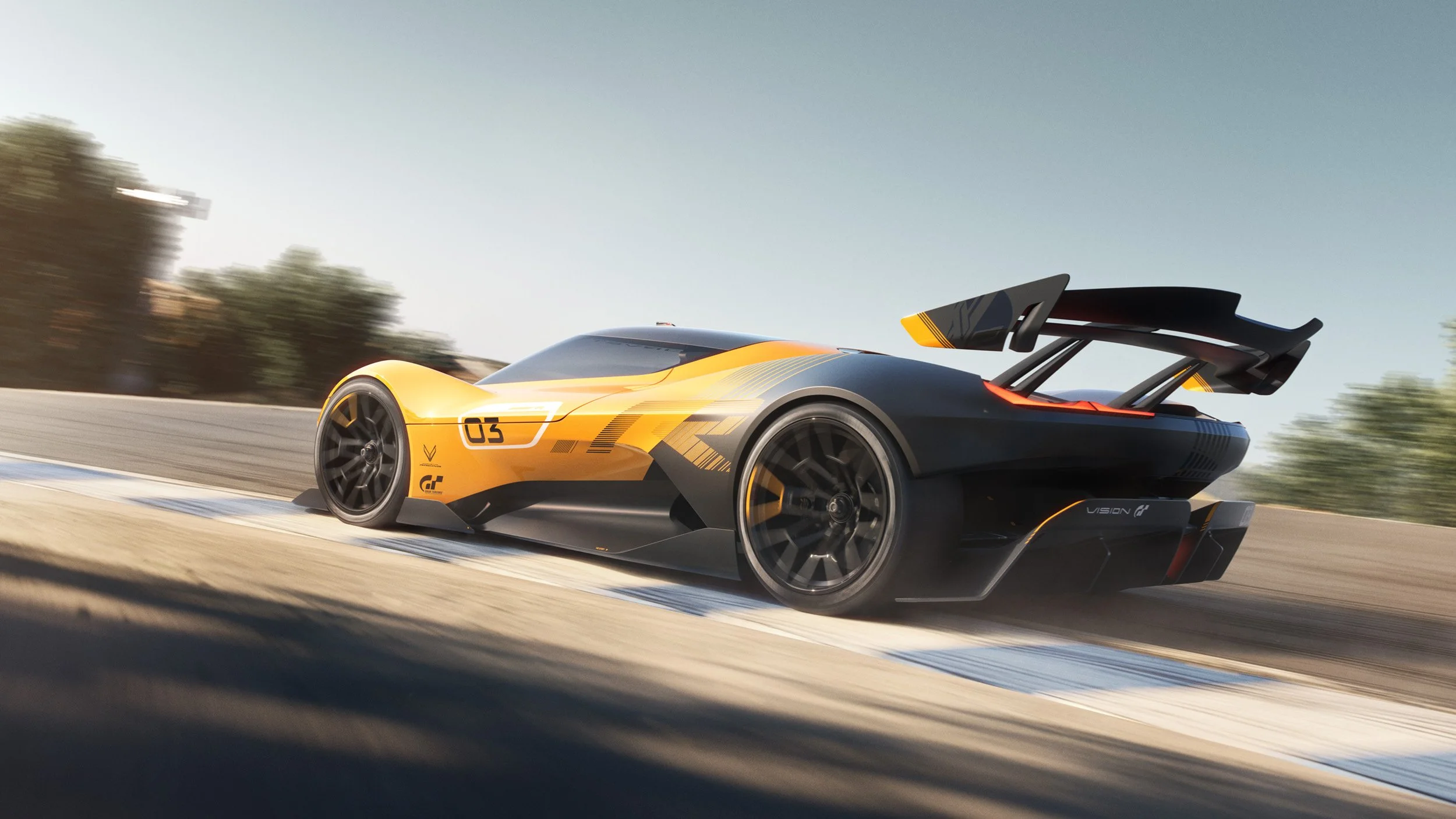 High-end automotive visualization combining 3D rendering and post-production effects showing a Corvette CXR on racetrack