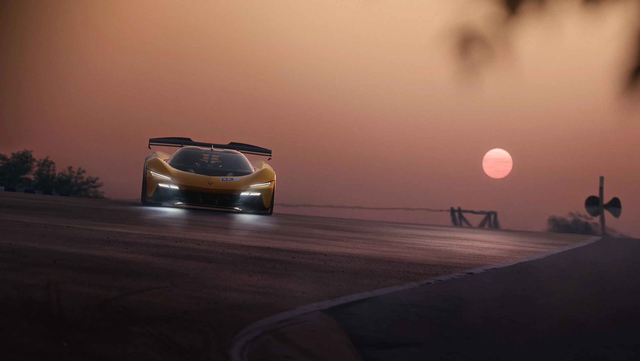 High-end automotive visualization combining 3D rendering and post-production. Picture of Corvette CXR on racetrack at dusk pink pink sky.