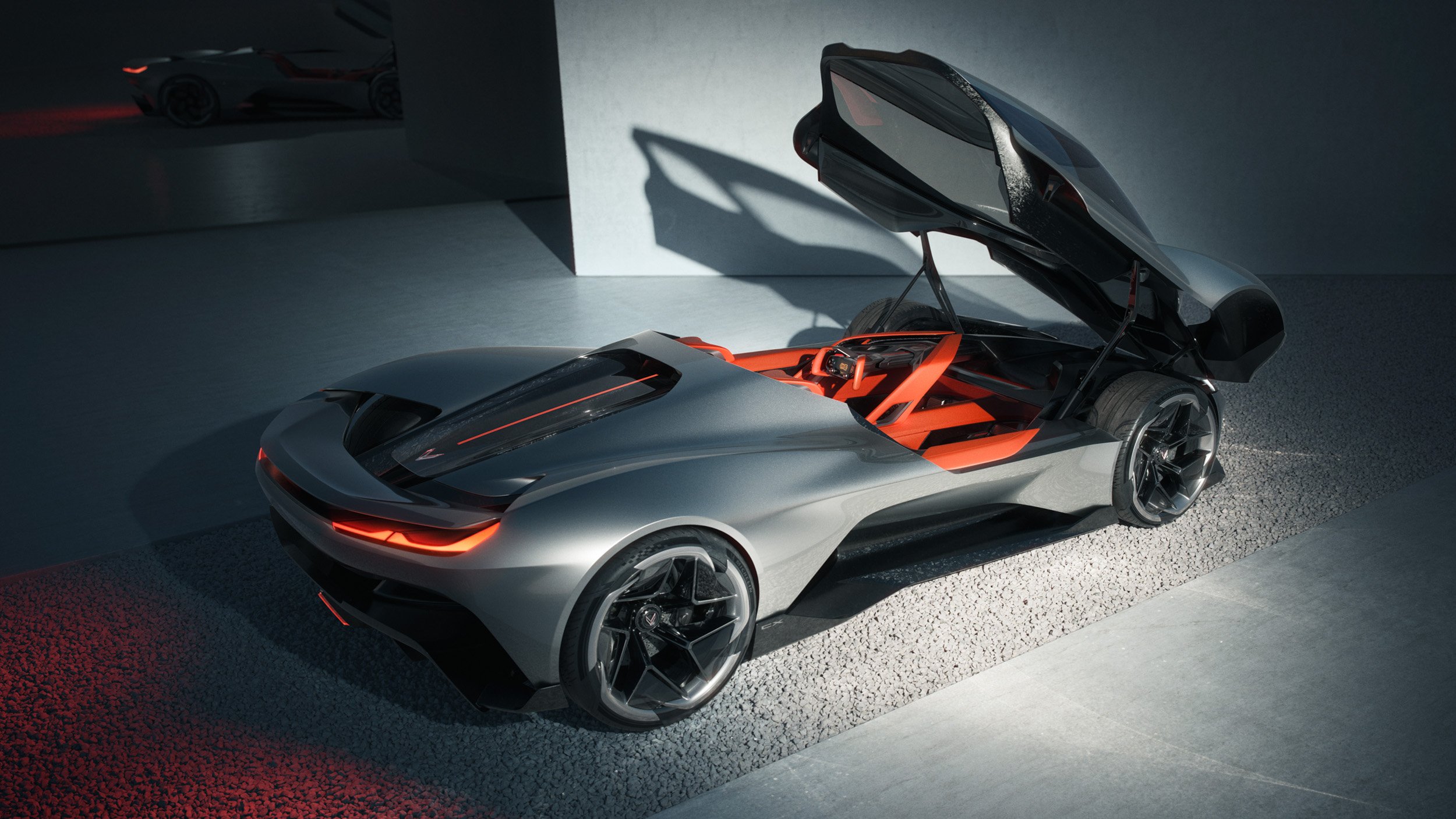 Premium automotive CGI render featuring a futuristic sports car with dramatic lighting and clean architectural backdrop, highlighting expert 3D visualization, compositing, and digital retouching.