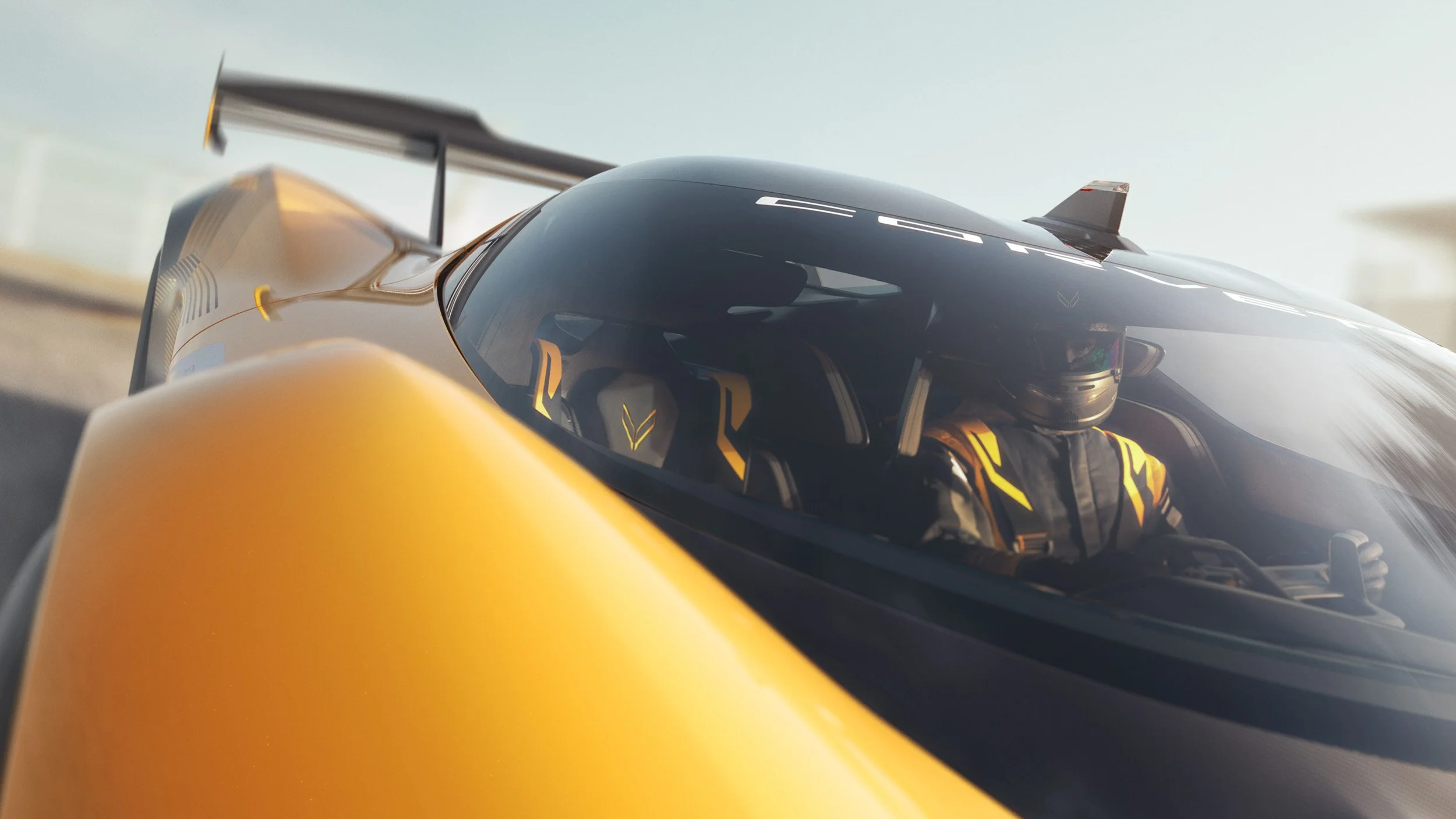 Futuristic CGI hypercar racing with cinematic motion blur