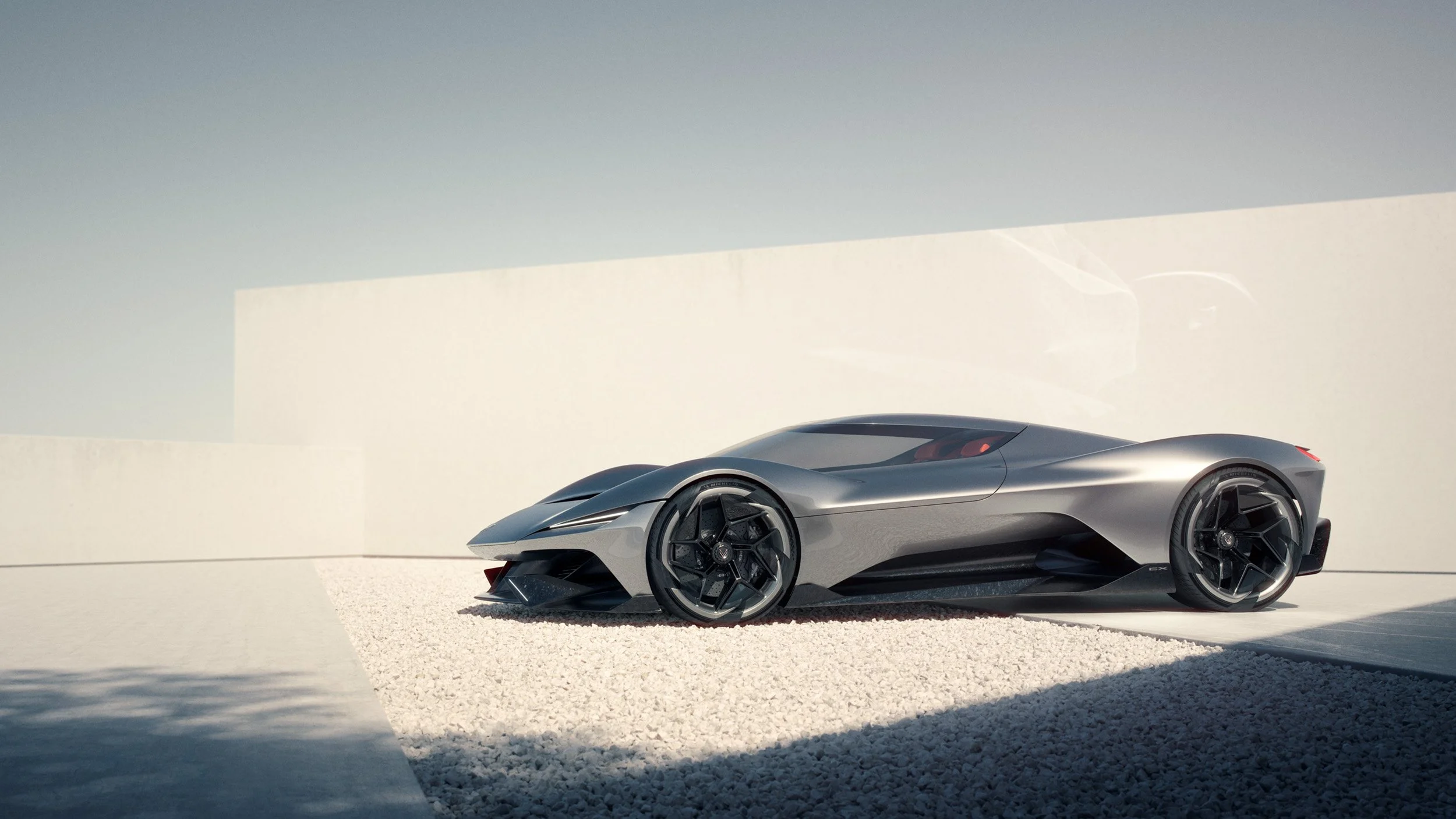 Photorealistic CGI render of a futuristic silver supercar parked in a minimalist architectural setting, showcasing advanced automotive visualization, lighting, and post-production compositing.
