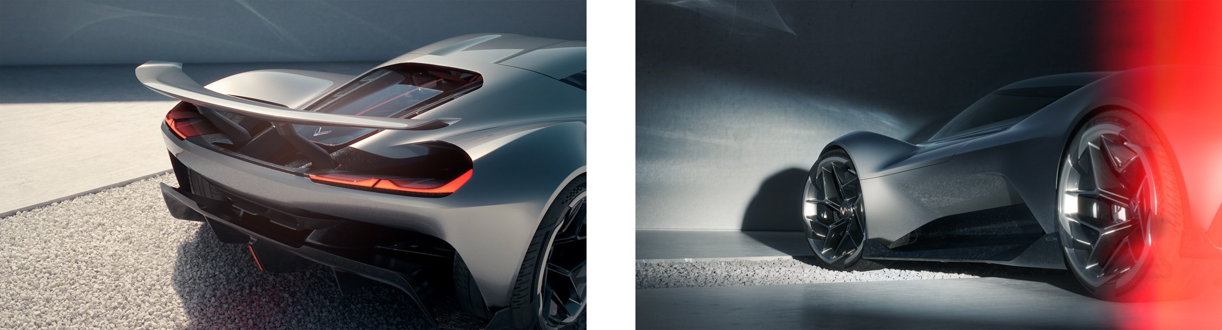 Photoreal automotive CGI render of a futuristic supercar with cinematic lighting, showcasing high-end 3D visualization, compositing, and retouching.