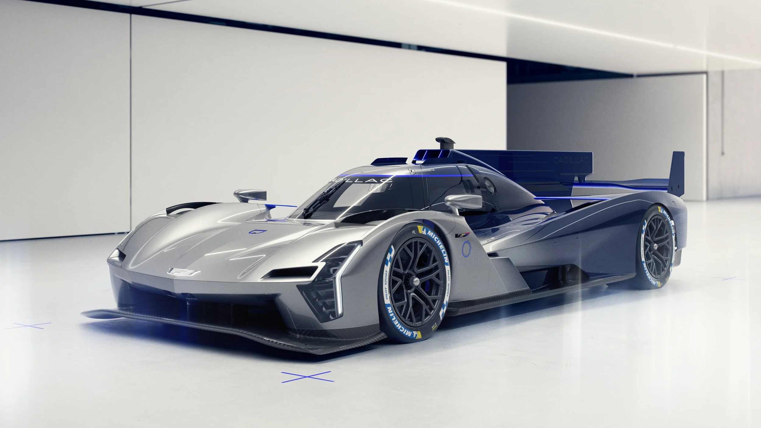 General Motors Cadillac Supercar Consept in a white garage, camera angle front theer quarter