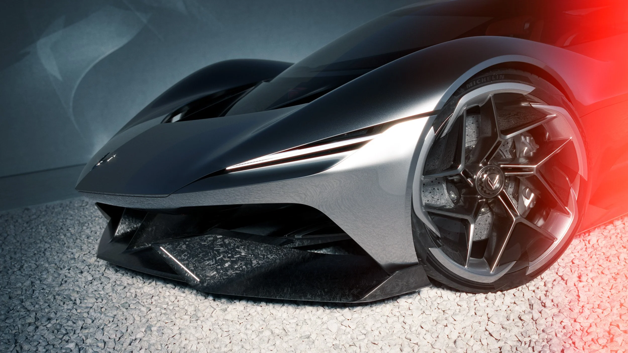 Photoreal automotive CGI render of a futuristic supercar with cinematic lighting, showcasing high-end 3D visualization, compositing, and retouching.