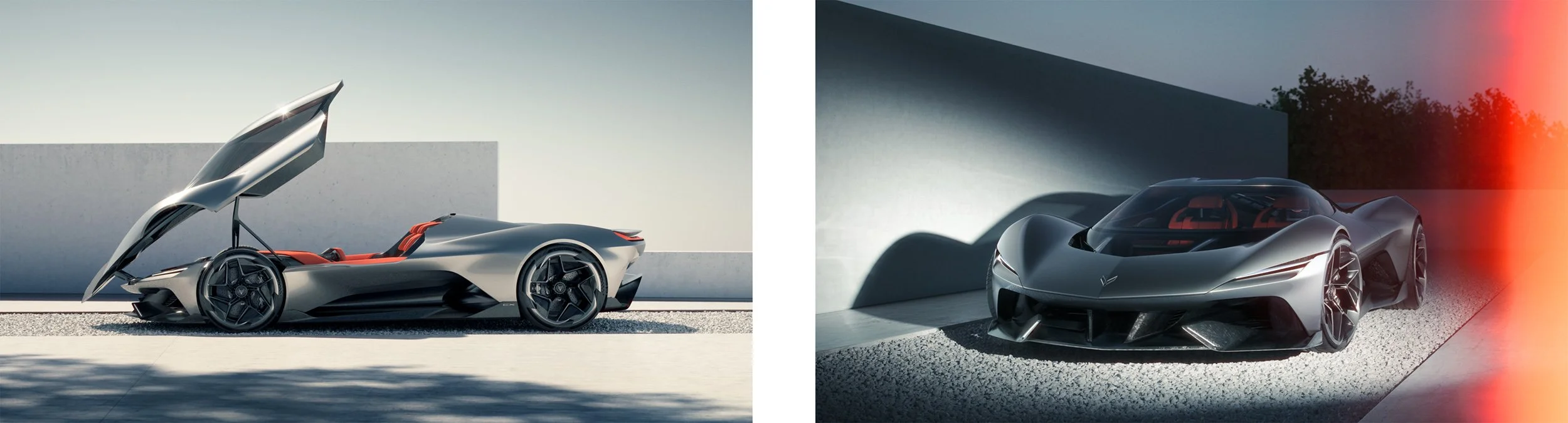 Premium automotive CGI render featuring a futuristic sports car with dramatic lighting and clean architectural backdrop, highlighting expert 3D visualization, compositing, and digital retouching.