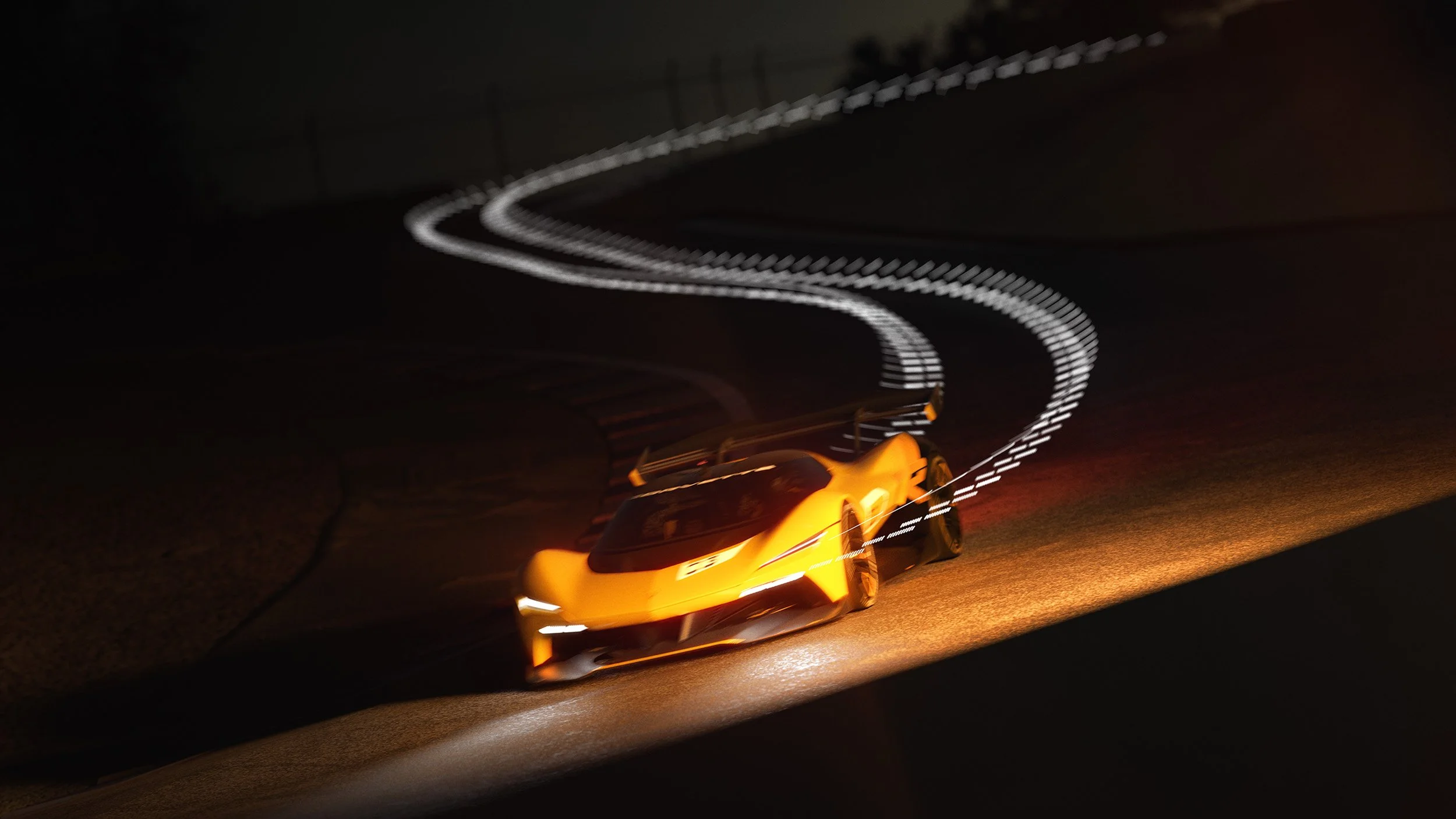 Race car on track in the dark leaving a light trail behind.