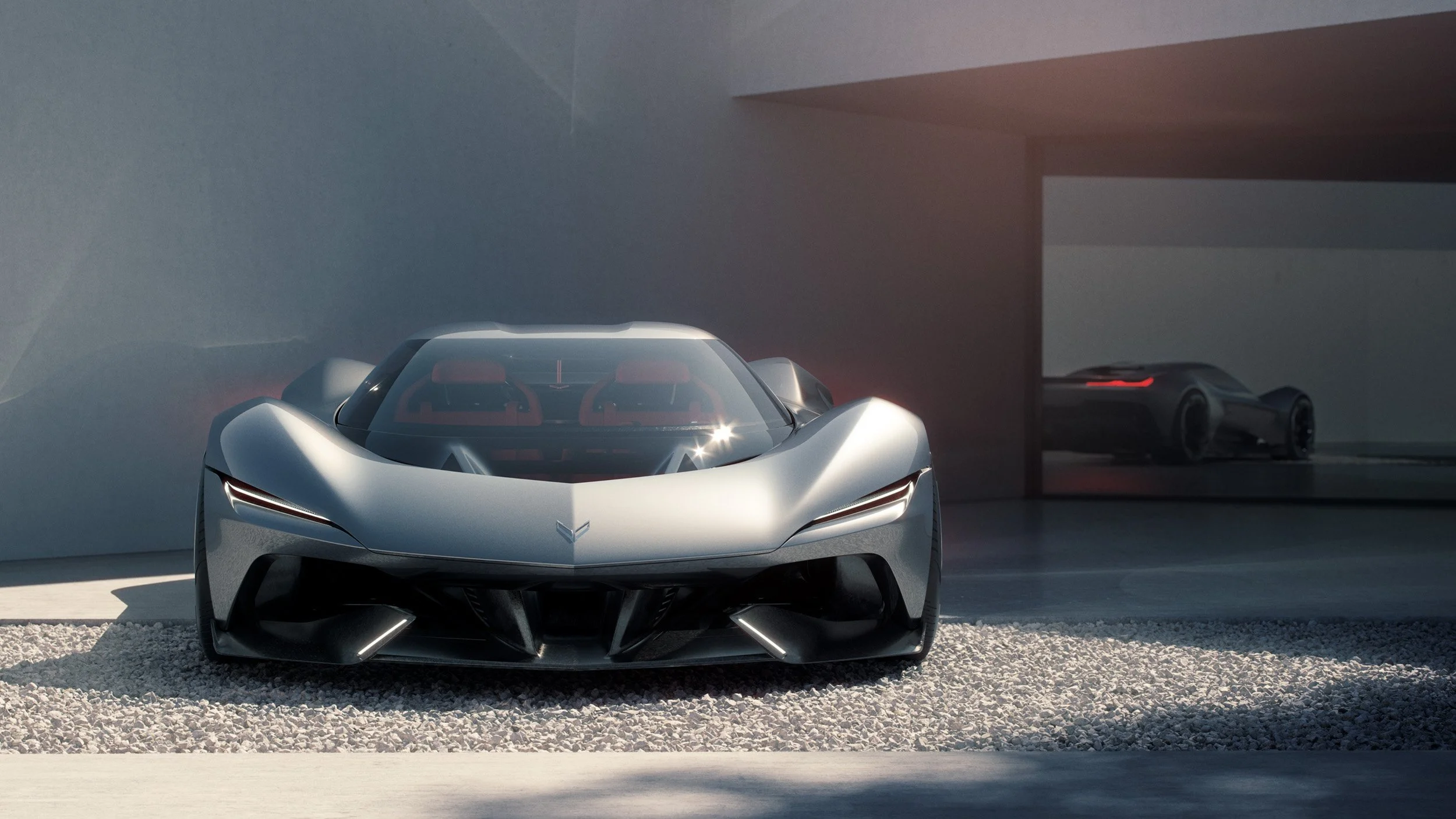 High-end automotive CGI visualization of a sleek electric supercar with cinematic lighting and architectural environment, demonstrating professional 3D rendering, retouching, and post-production.