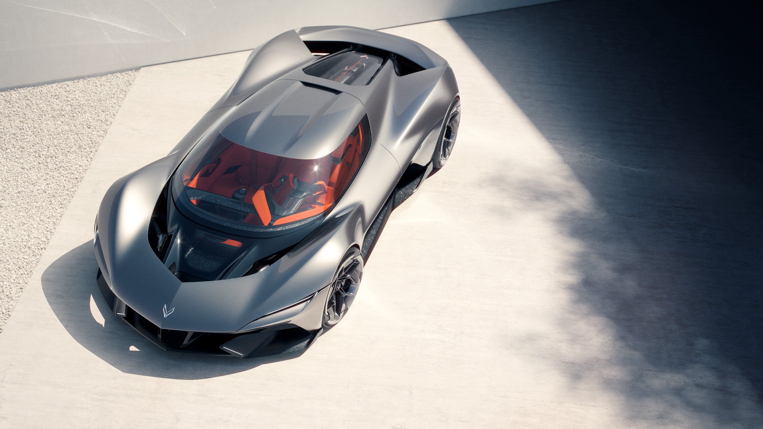 High-end automotive CGI visualization of a sleek electric supercar with cinematic lighting and architectural environment, demonstrating professional 3D rendering, retouching, and post-production.